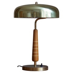 Swedish Modernist Designer, Table Lamp, Brass, Stained Oak, Wood Inlays, 1940s
