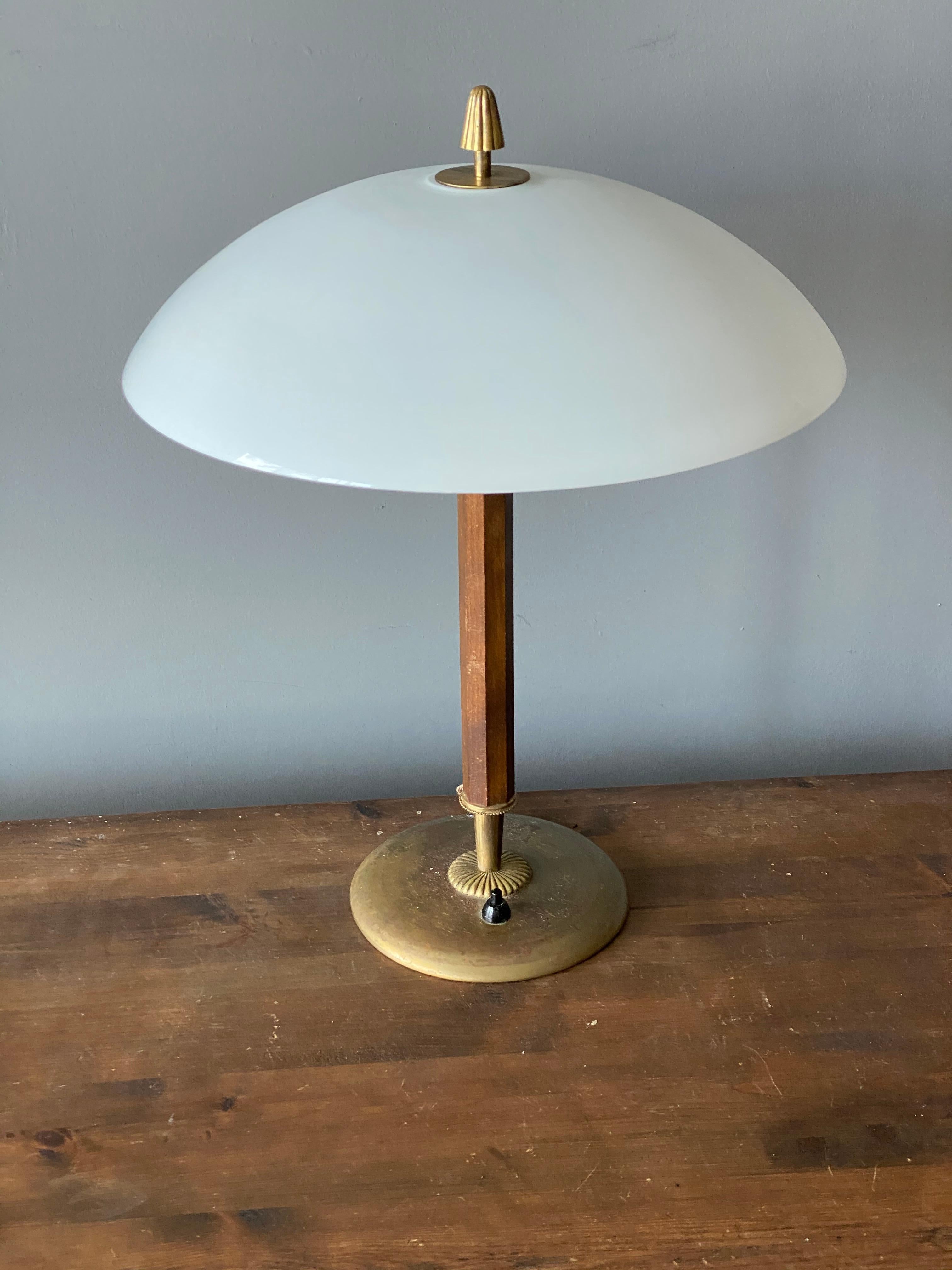 Scandinavian Modern Swedish Modernist Designer, Table Lamp, Brass, Stained Wood Frosted Glass, 1940s