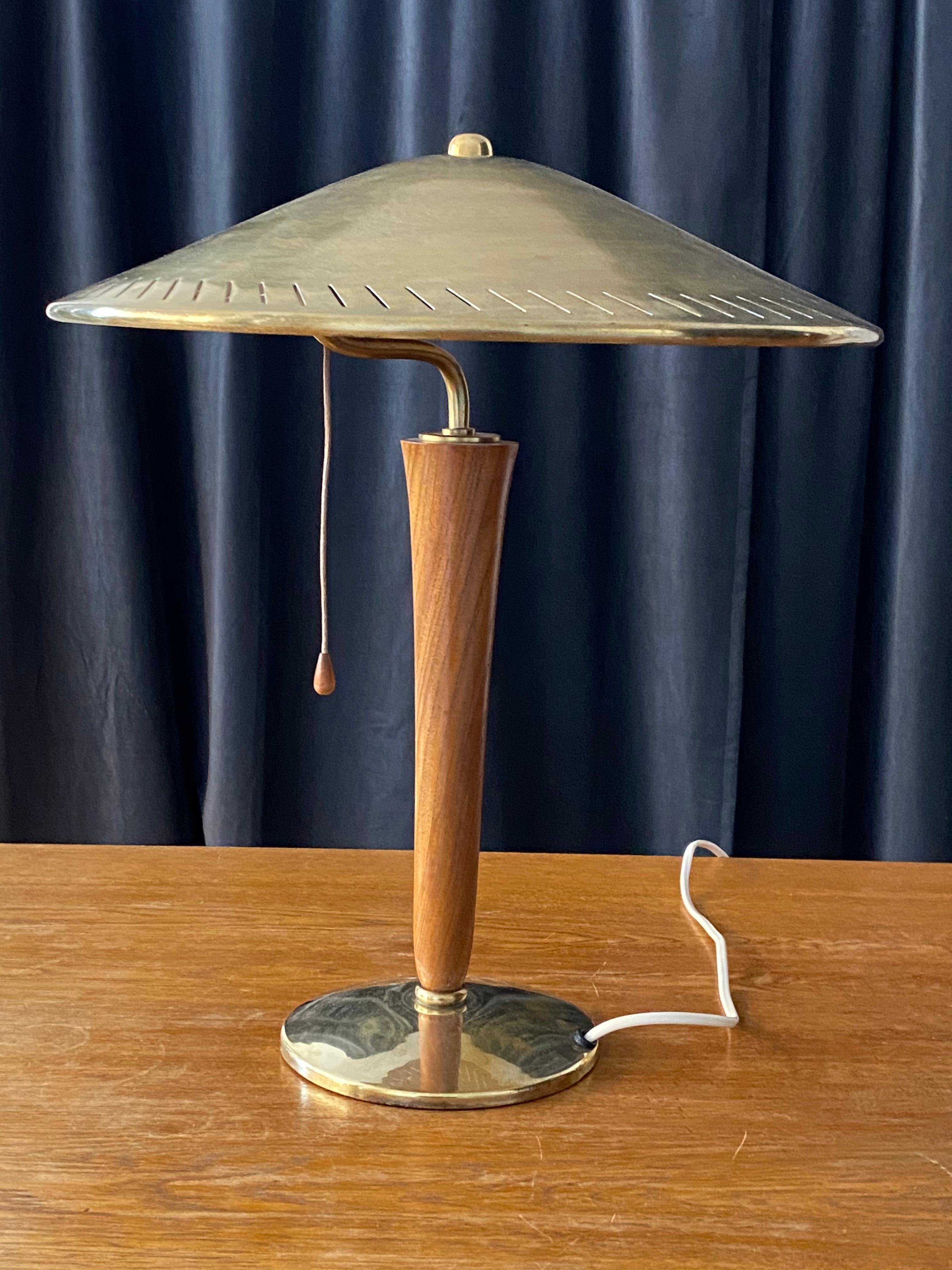 Scandinavian Modern Swedish Modernist Designer, Table Lamp, Brass, Wood, Sweden, 1940s