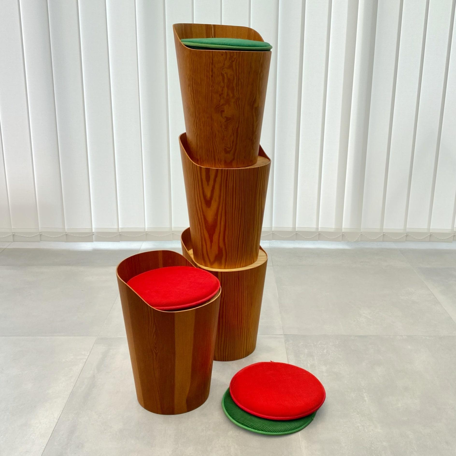 Textile Swedish modernist pinewood stools by Martin Åberg, Servex, 1960s For Sale