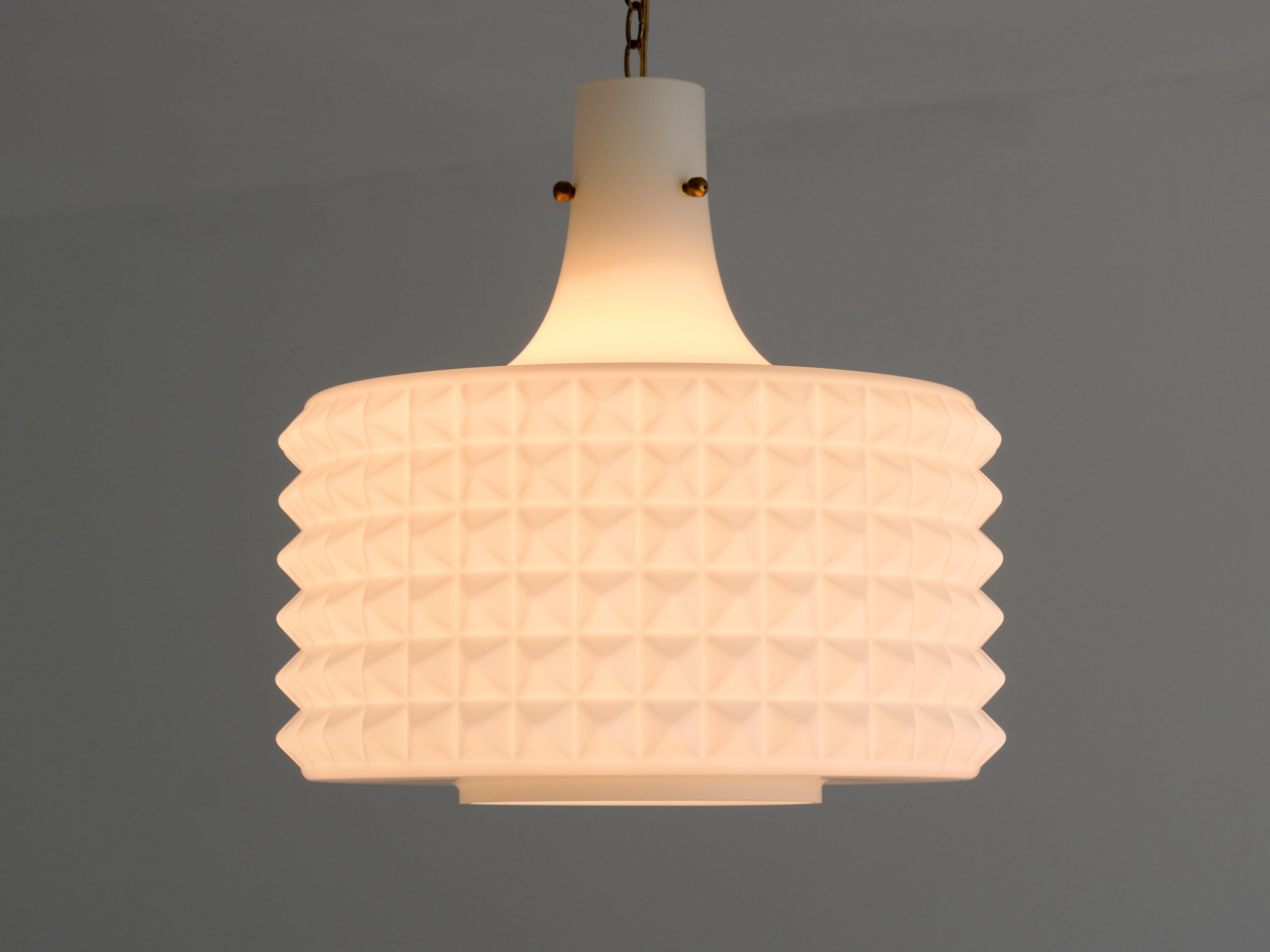 Scandinavian Modern Swedish Modernist Studded Pendant Lamp in Opaline Glass, Orrefors, 1950s For Sale