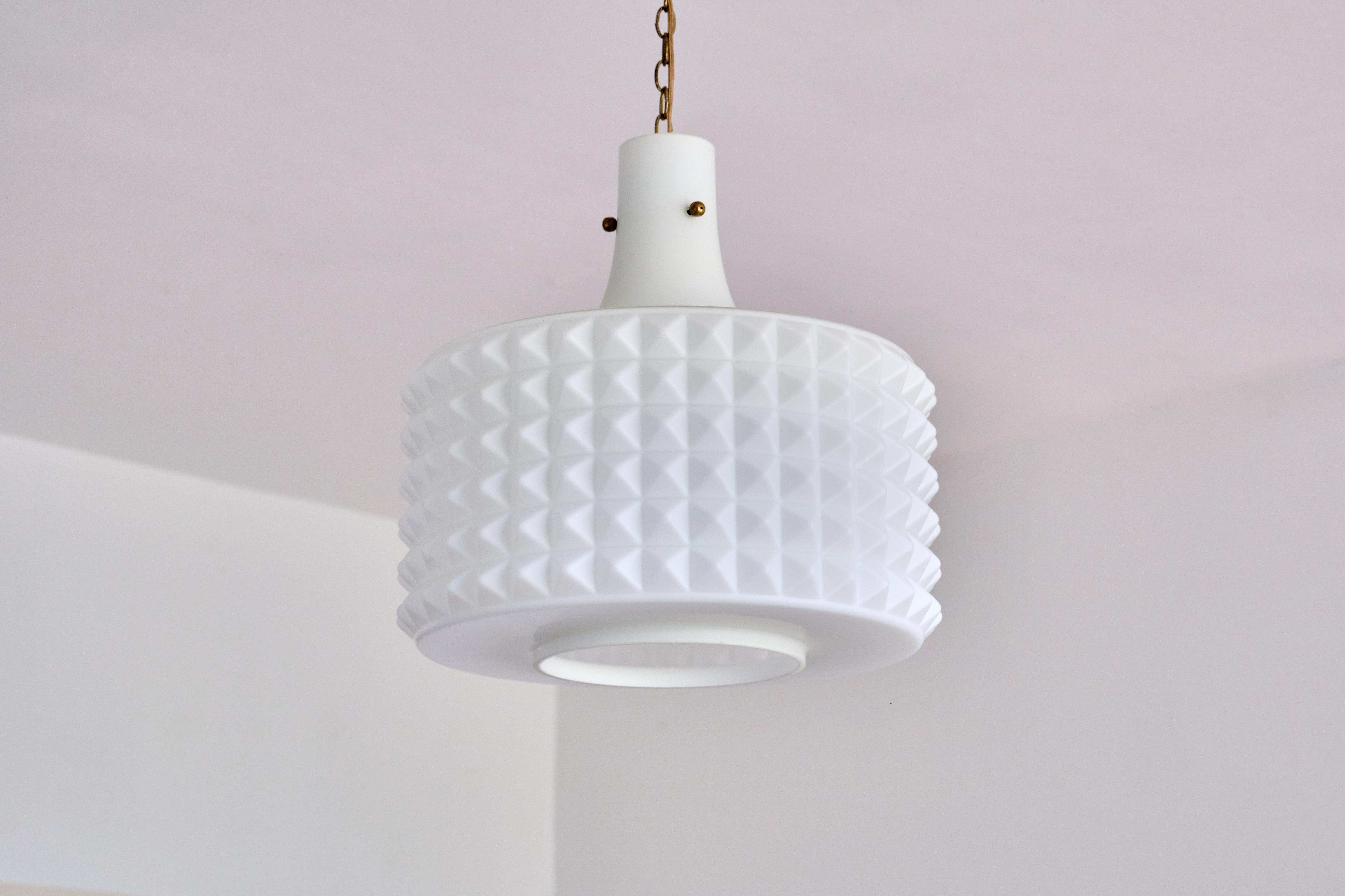 Mid-20th Century Swedish Modernist Studded Pendant Lamp in Opaline Glass, Orrefors, 1950s For Sale