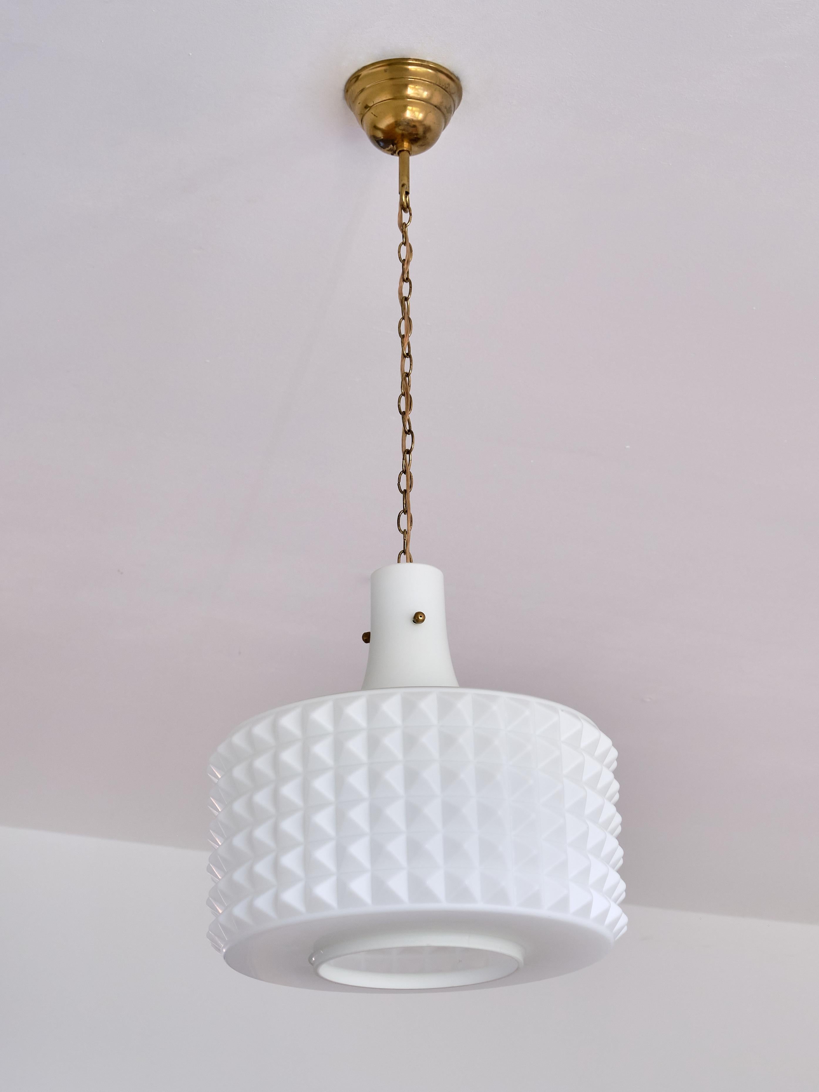 Brass Swedish Modernist Studded Pendant Lamp in Opaline Glass, Orrefors, 1950s For Sale