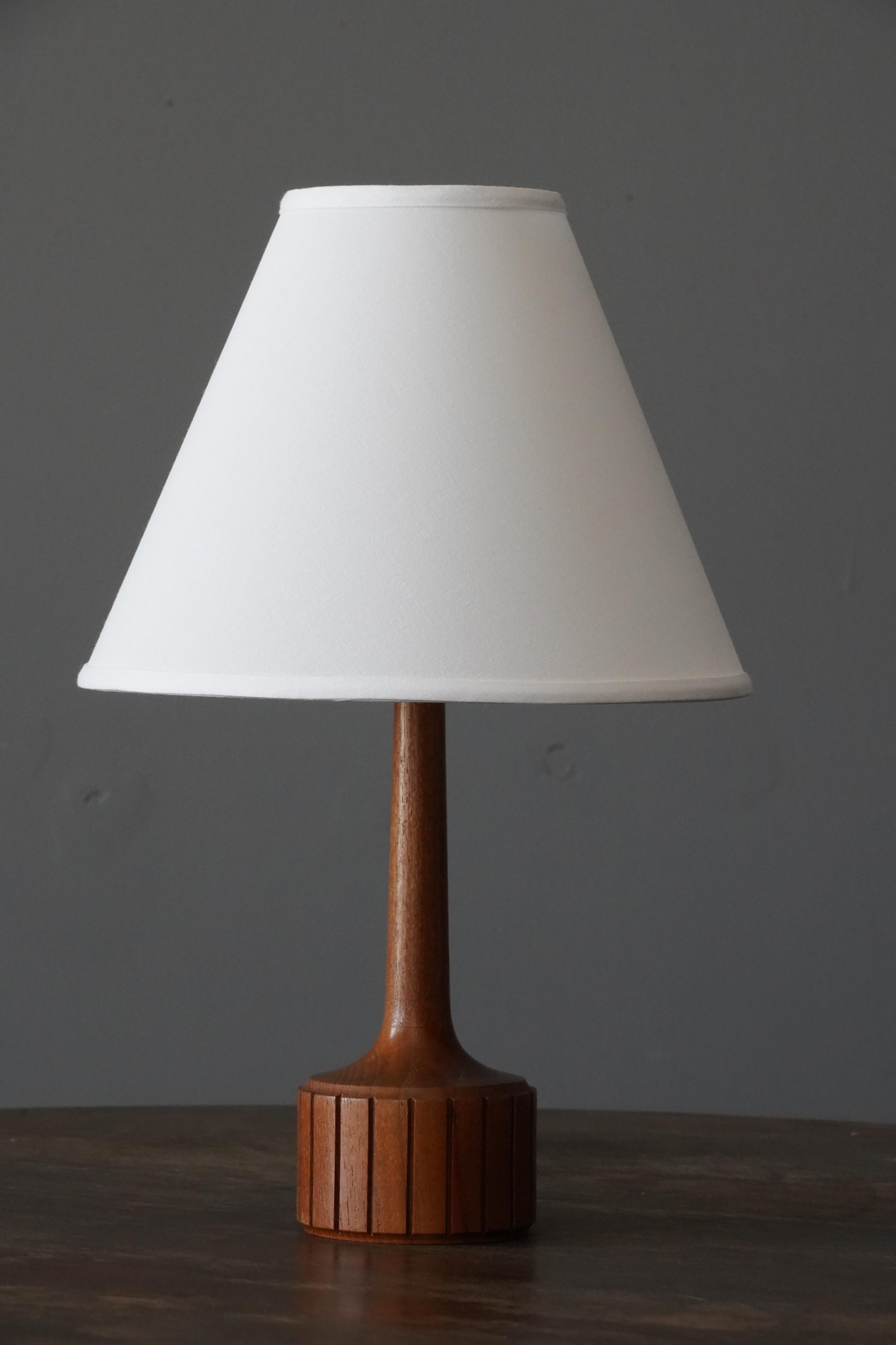 A finely sculpted small teak table lamp. Produced in Sweden, 1960s. 

Dimensions without lampshades. Height includes socket. Sold without lampshade.

Other designers of the period include Hans Agne Jacobsen, Josef Frank, Palshus, Kaare Klint,