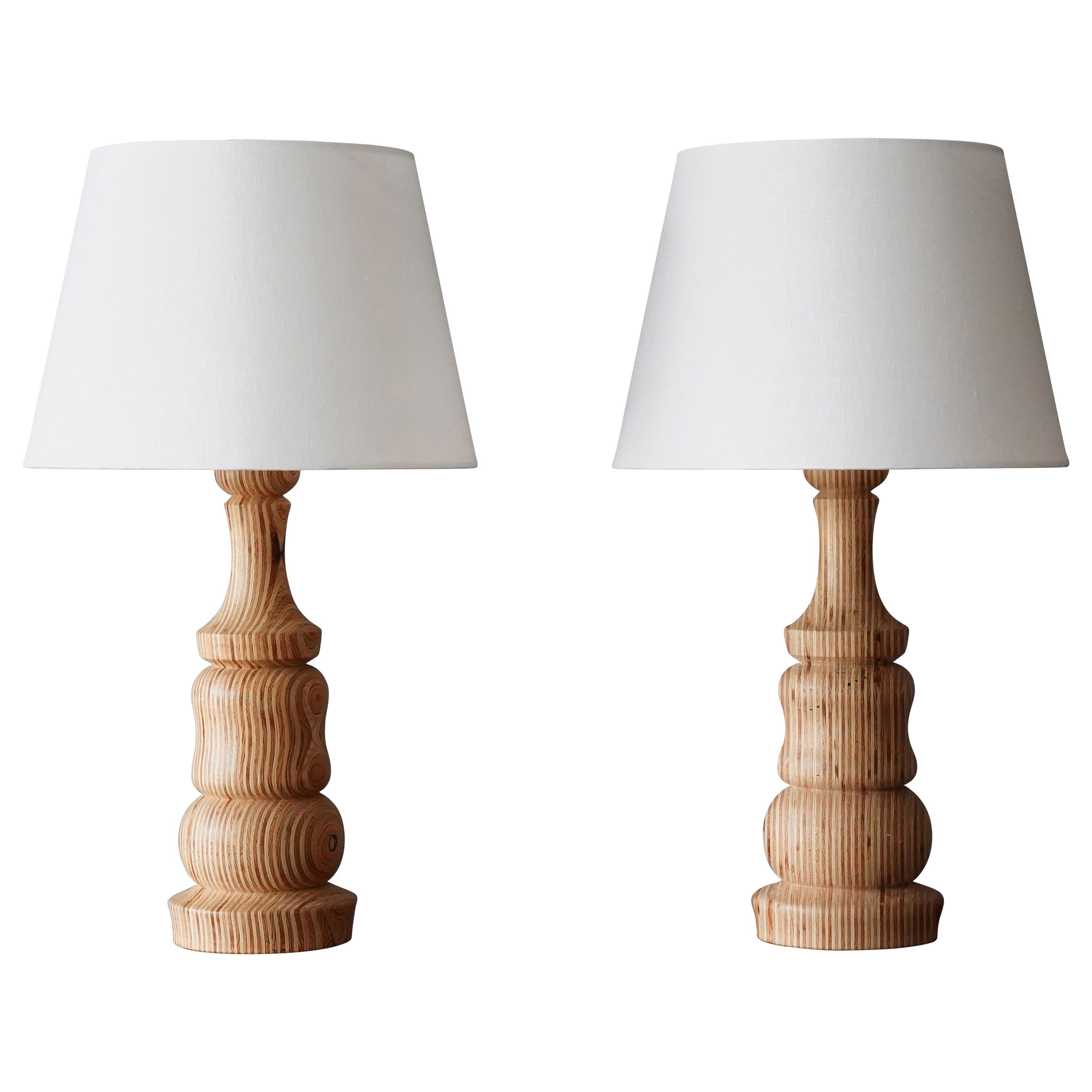 Swedish, Modernist Table Lamps, Laminated Turned Wood, Fabric, Sweden, 1960s