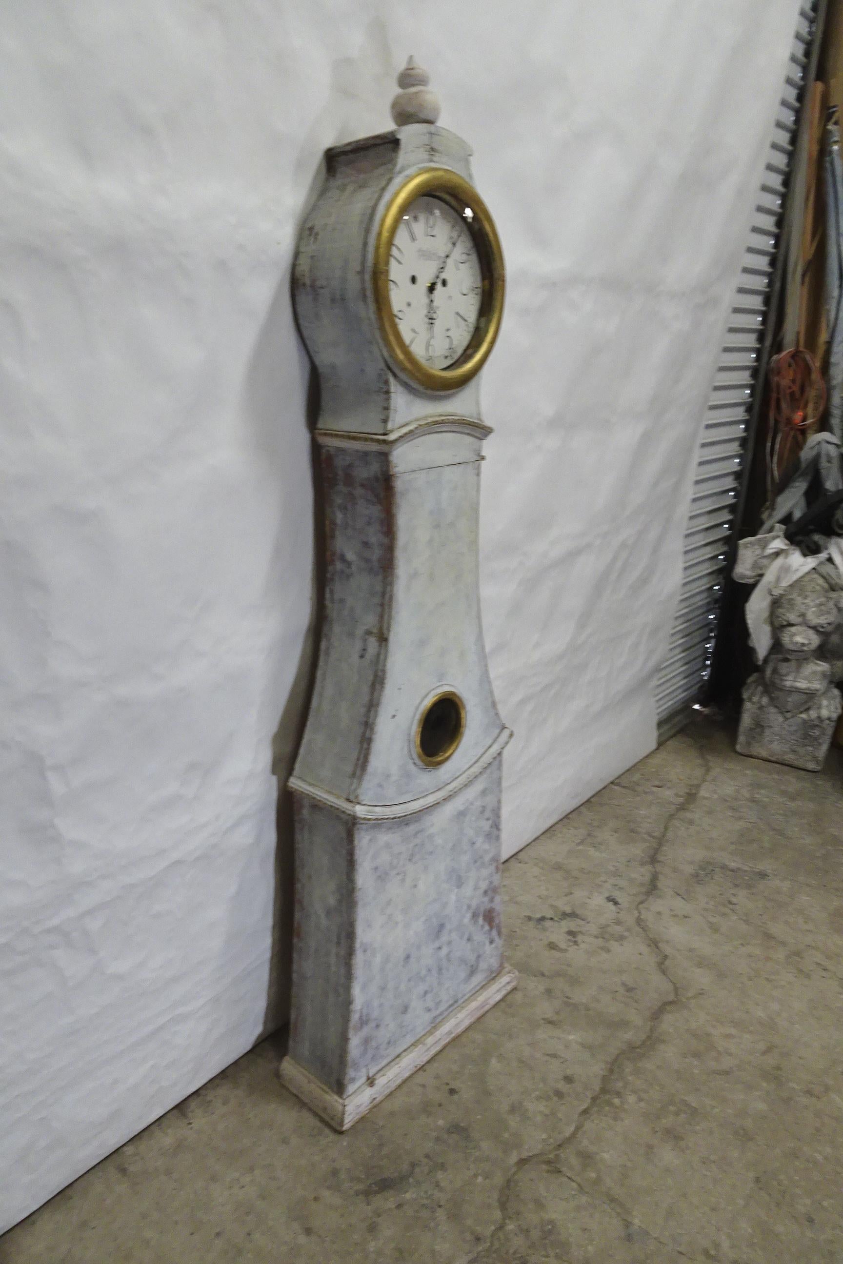 This is a Swedish Mora Clock 100% Original Paint.
the old works have been removed and New battery works installed. I do offer the Original works with every clock I sell.