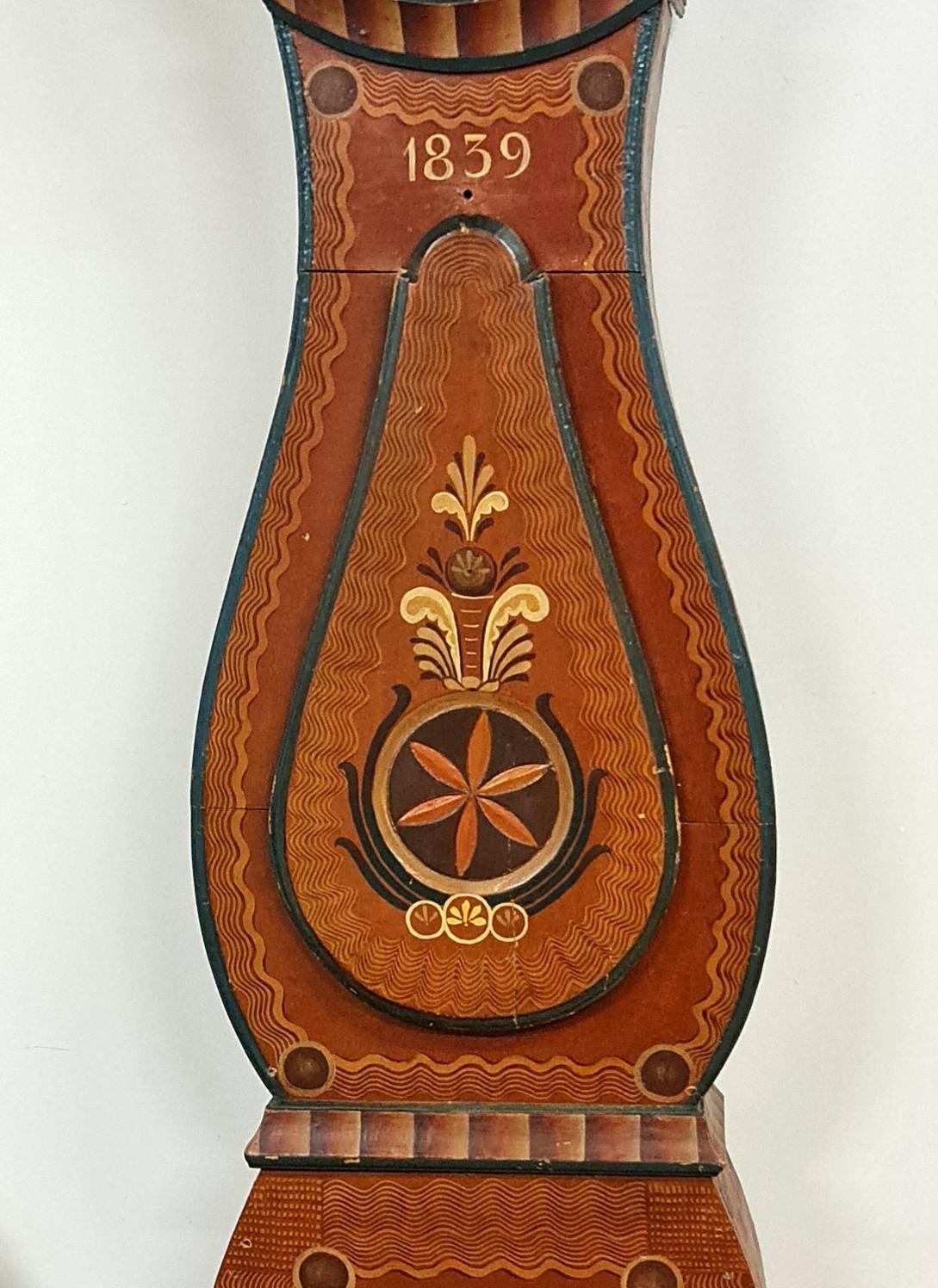 Early Victorian Swedish Mora Clock Antique Brown Folk Art Carved Hood Detail, Early 1800