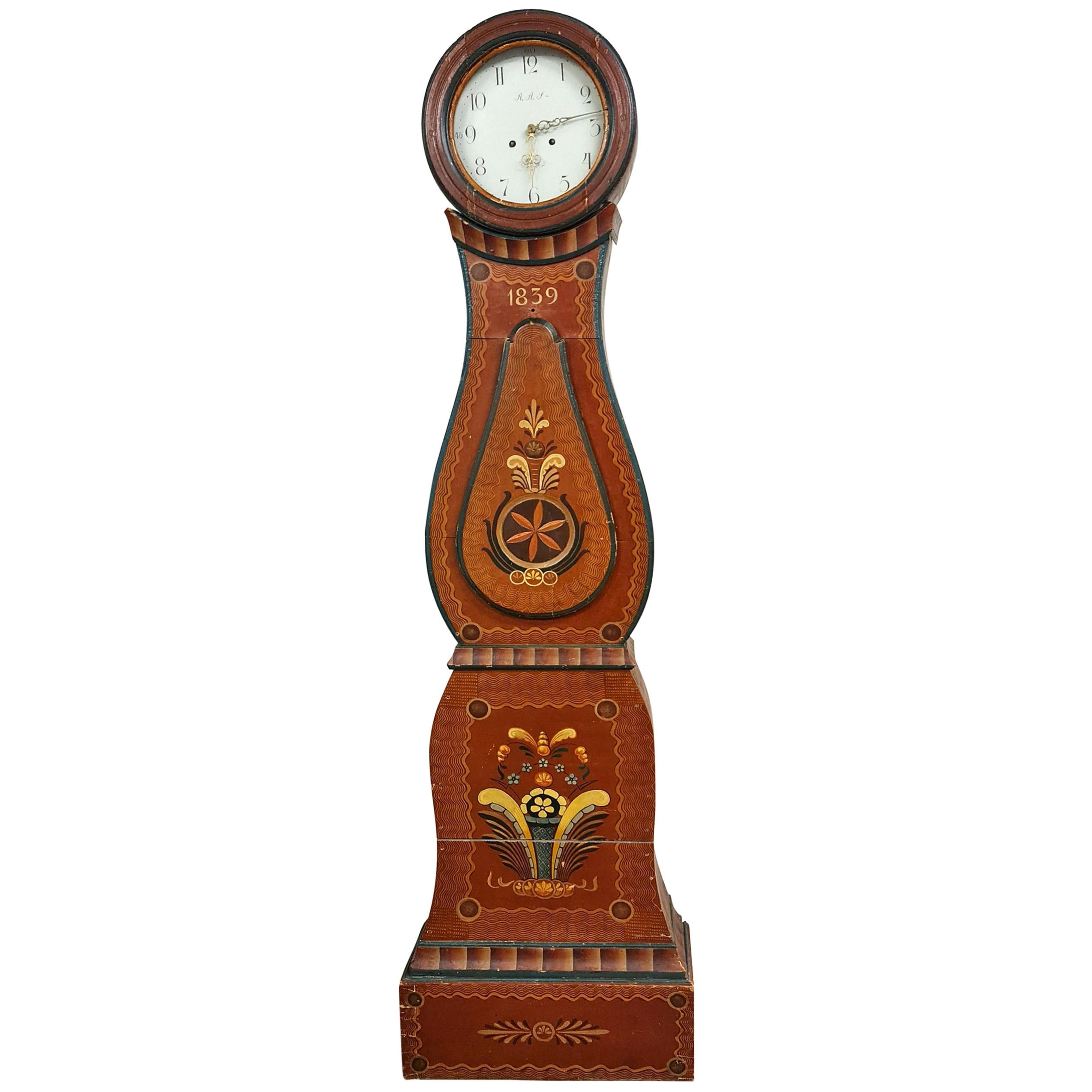 Swedish Mora Clock Antique Brown Folk Art Carved Hood Detail, Early 1800