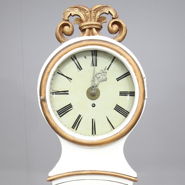 Swedish Mora Clock Antique White Gold Carved Hood Detail, Early 1800s