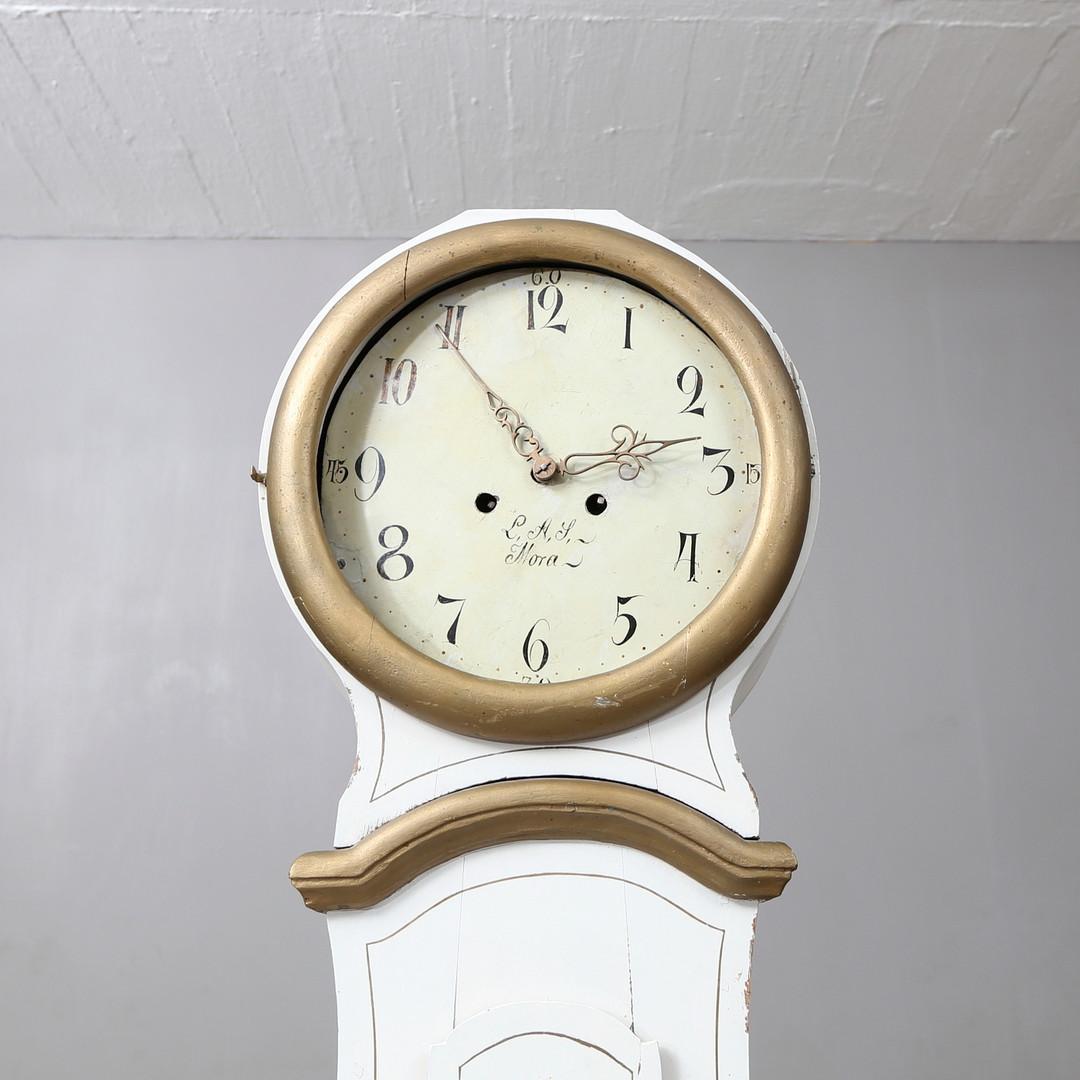 Early Victorian Swedish Mora Clock Antique White Gold Extended Belly Early 1800s For Sale