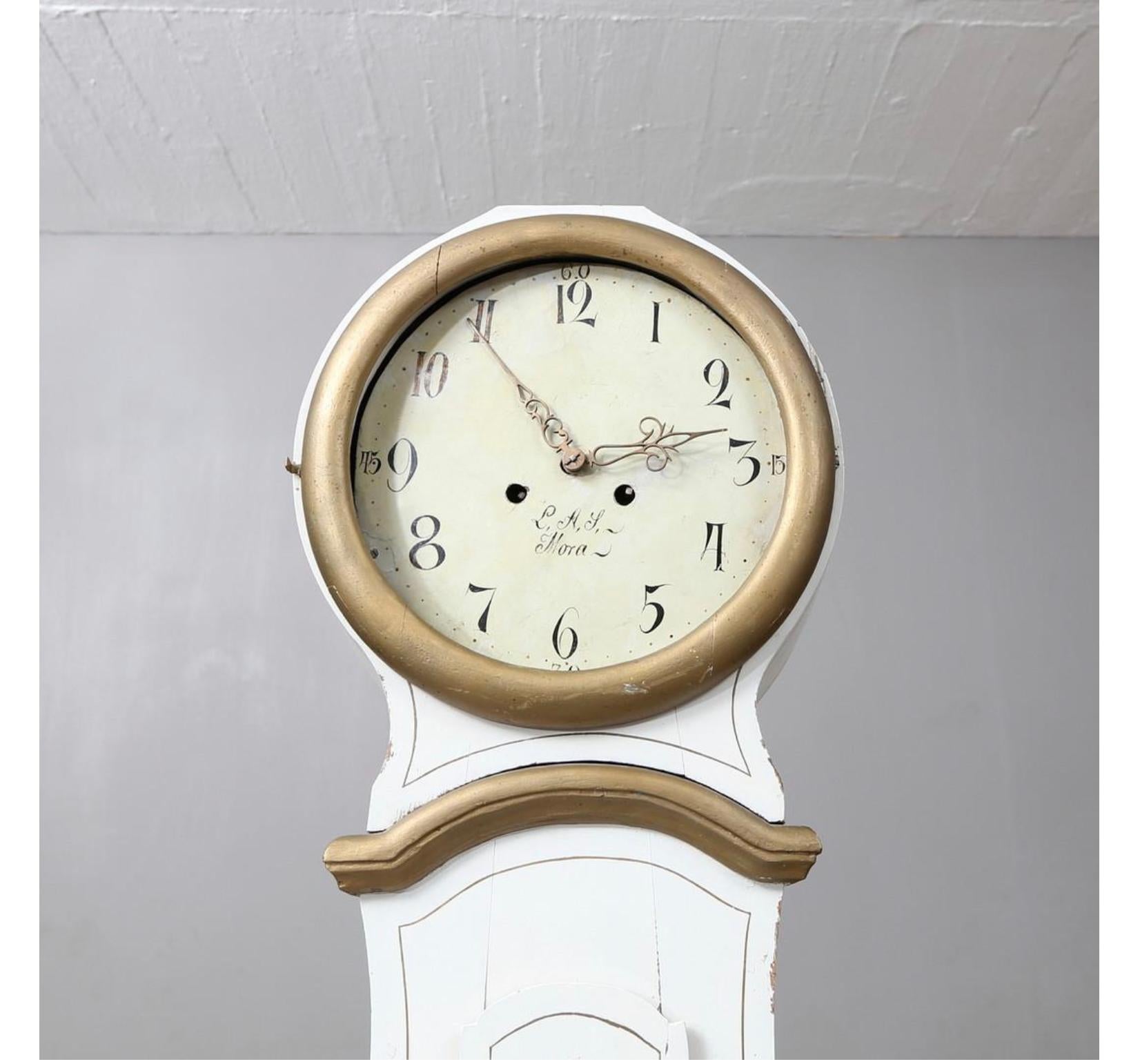 Early Victorian Swedish Mora Clock Antique White Gold Extended Belly Early 1800s A For Sale