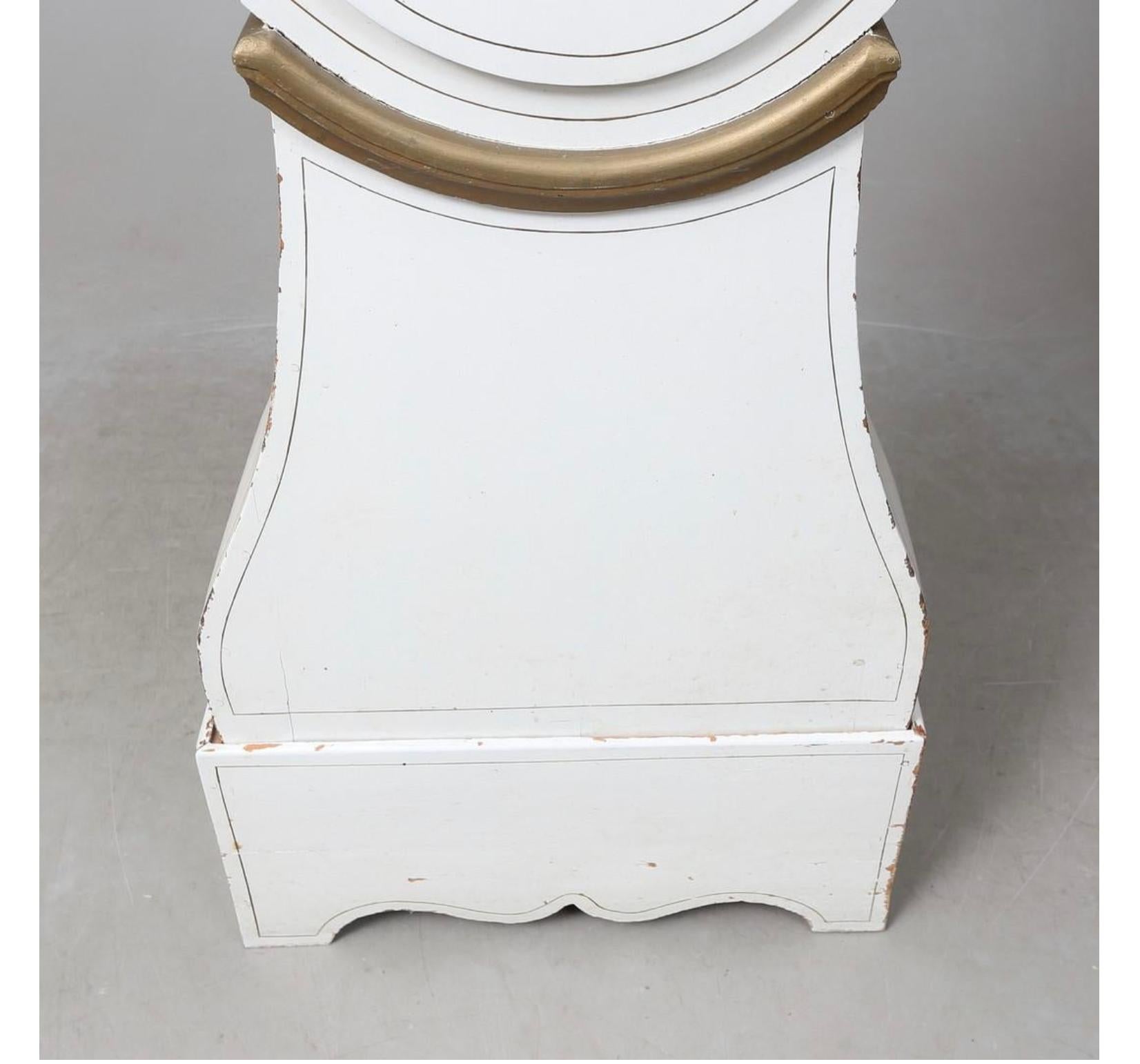 Carved Swedish Mora Clock Antique White Gold Extended Belly Early 1800s A For Sale