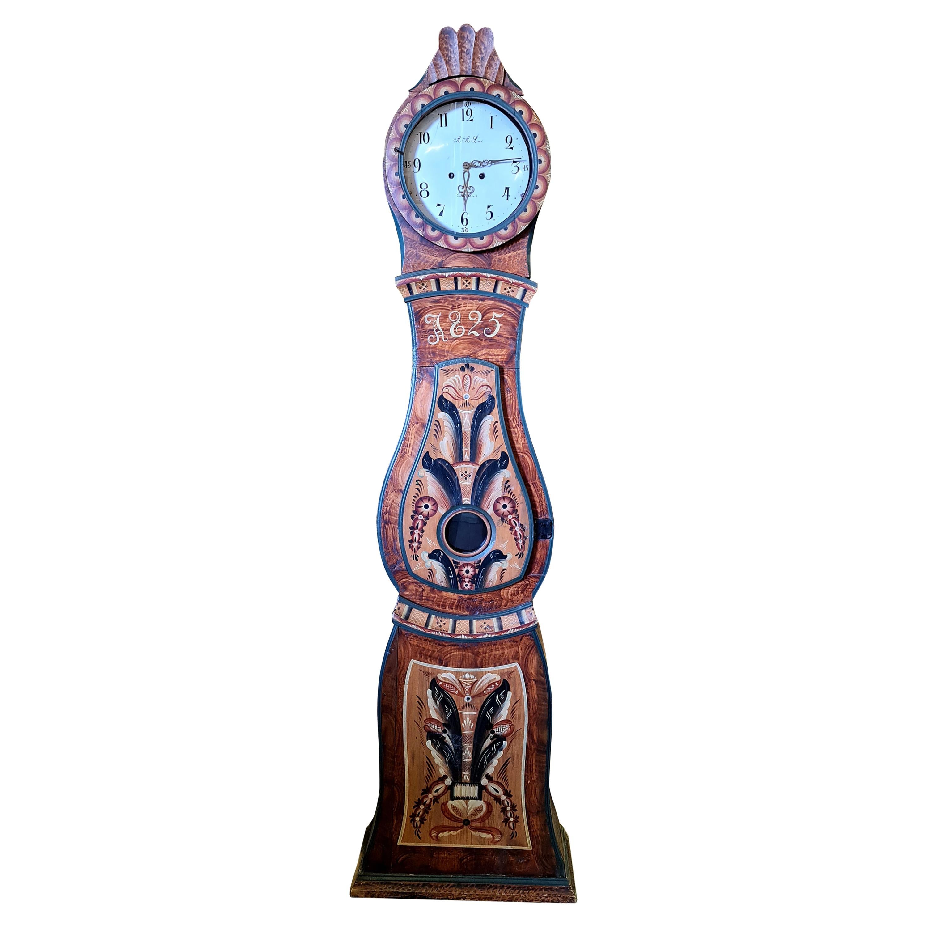 Swedish Mora Clock Brown Folk Art Early 1825 Scallop Top For Sale