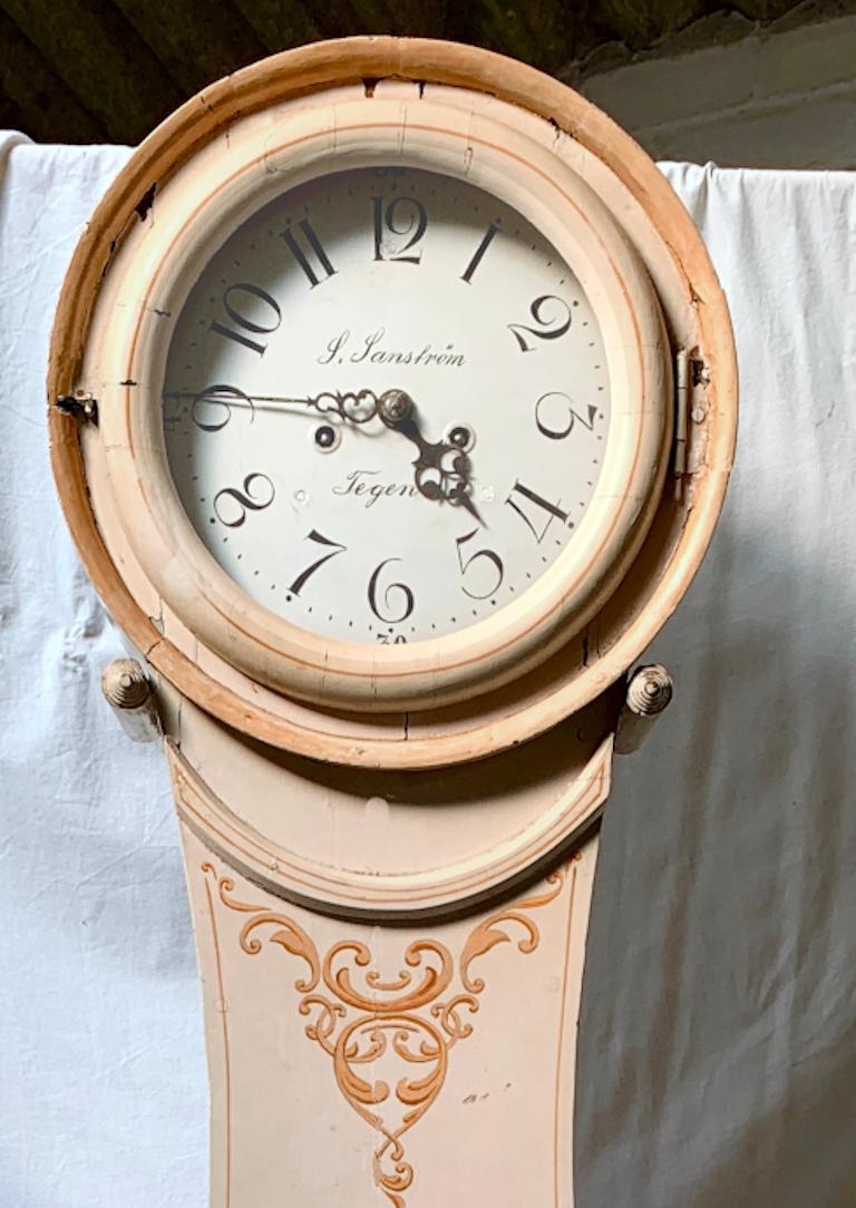 Painted Swedish Mora Clock Cream Fryksdal Carved 1800s Antique Tall J Janstrom