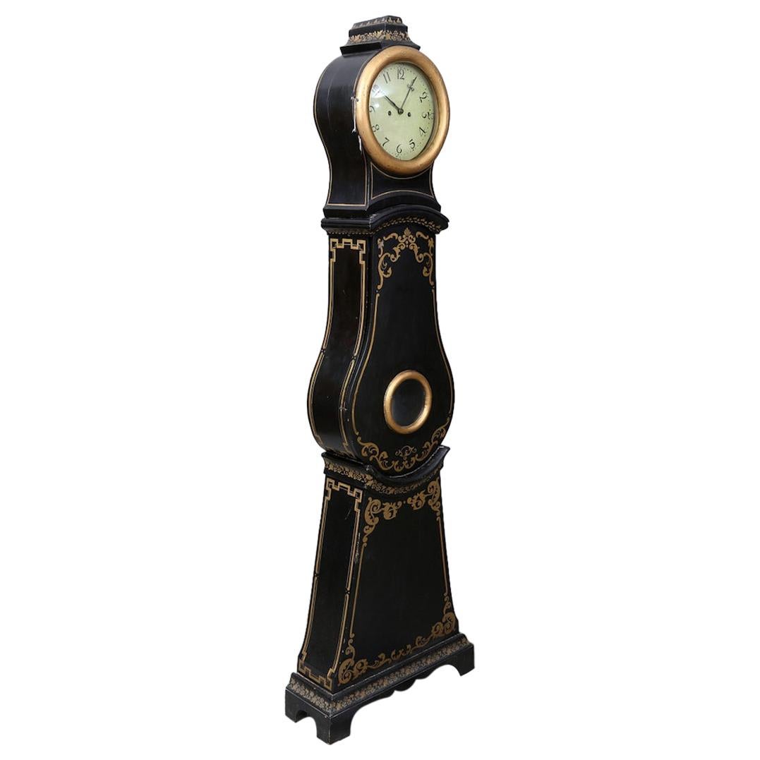 Swedish Mora Clock Early 1800s Black Gold Detail Antique