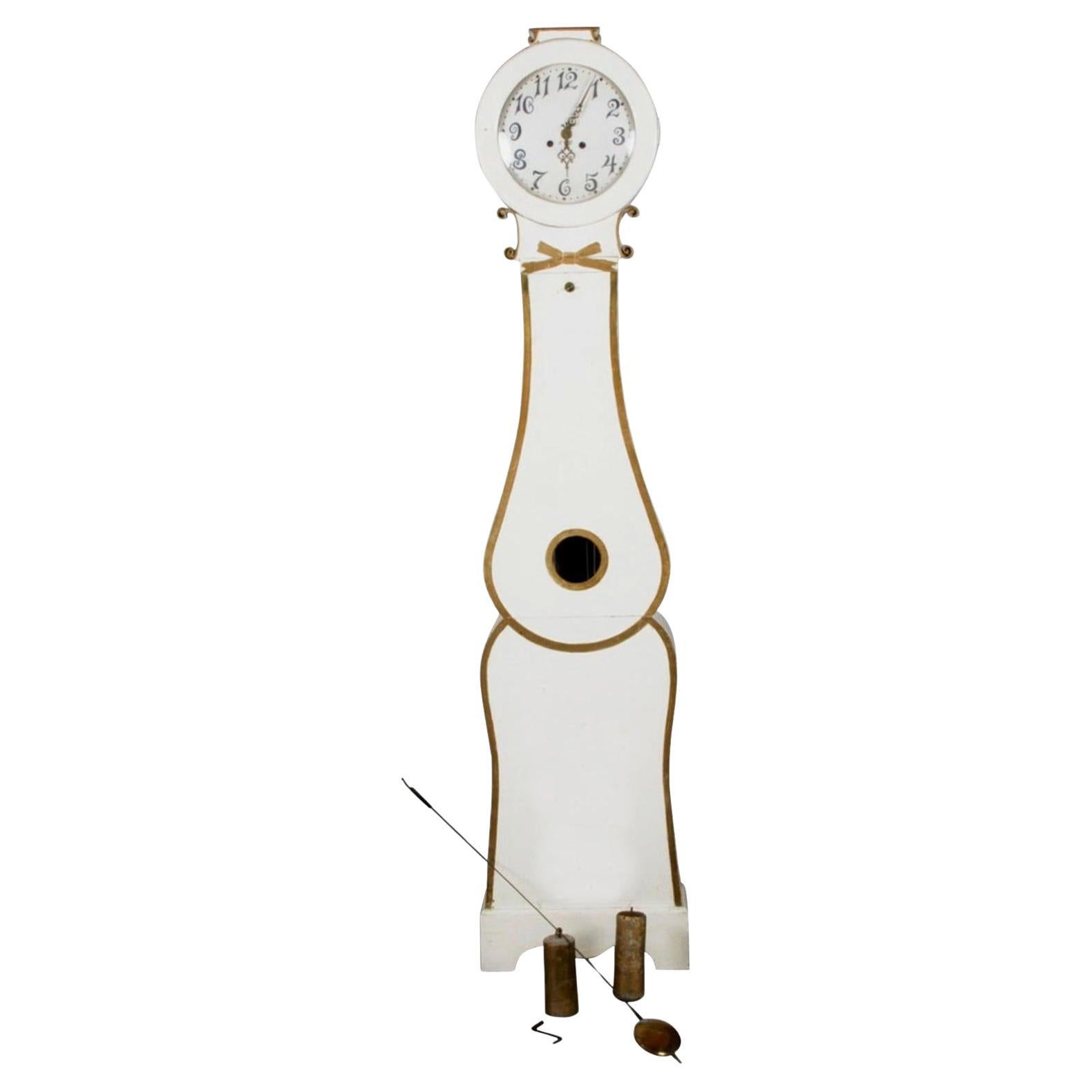 Swedish Mora Clock Fryksdall White Gold Scroll Motif Antique Grandfather A For Sale