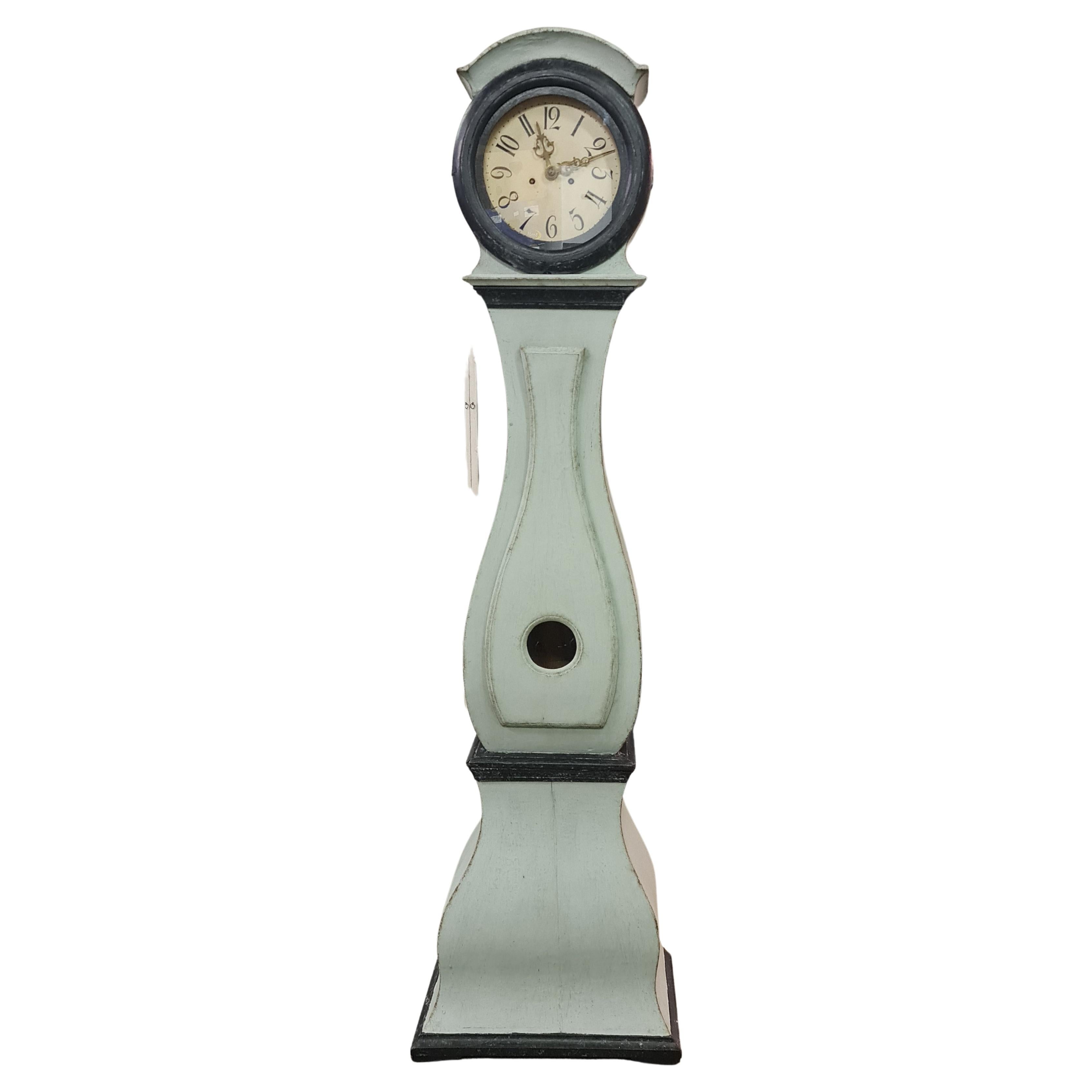 Swedish Mora Clock Pale Blue Early 1800s Antique Slim Body For Sale