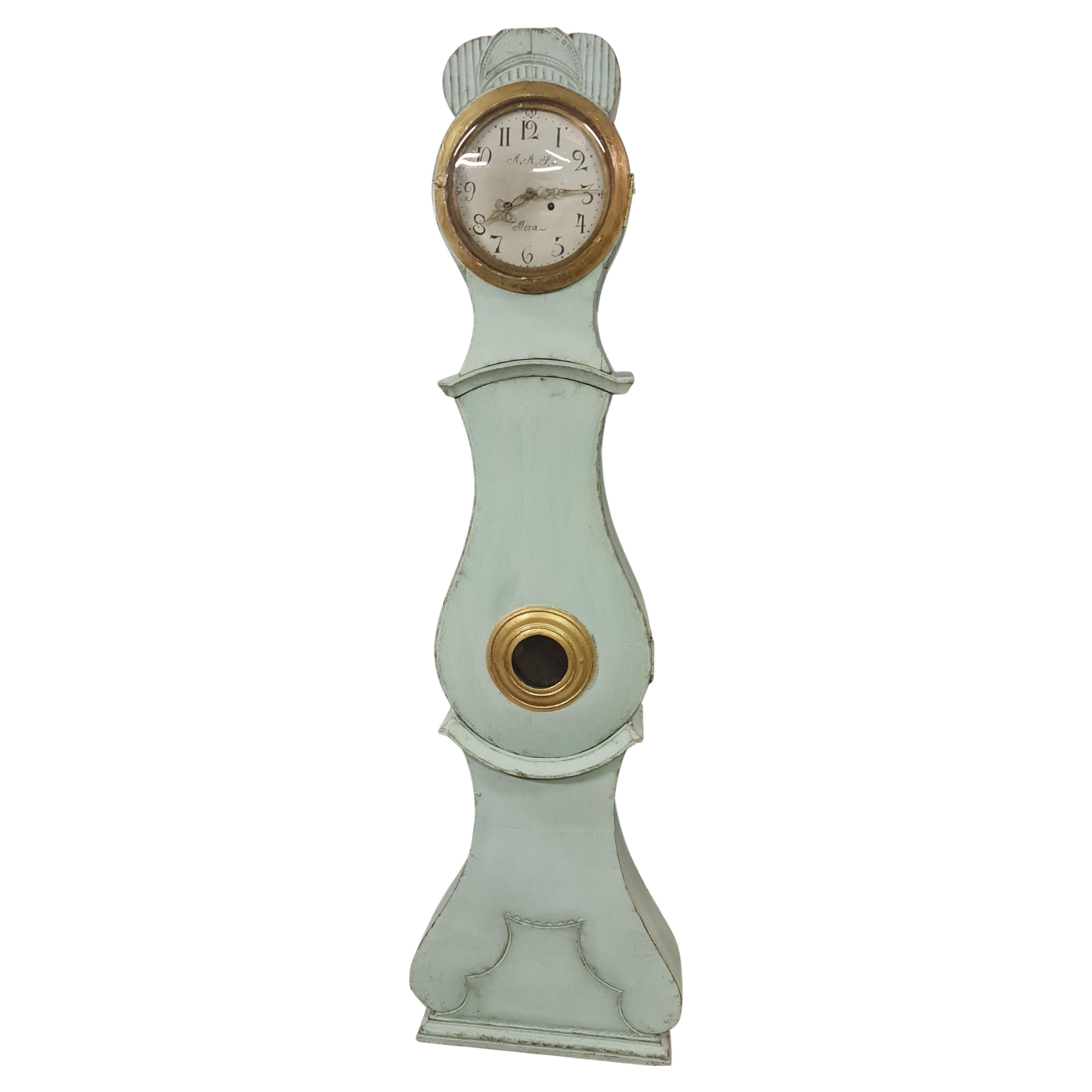 Swedish Mora Clock Pale Blue Early 1800s Antique Slim Body For Sale at