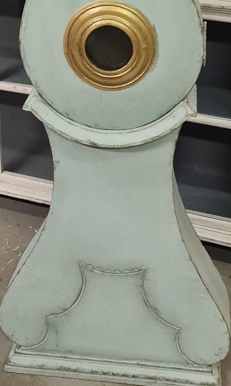 Carved Swedish Mora Clock Pale Blue Gold Early 1800s Antique Country Influence A For Sale