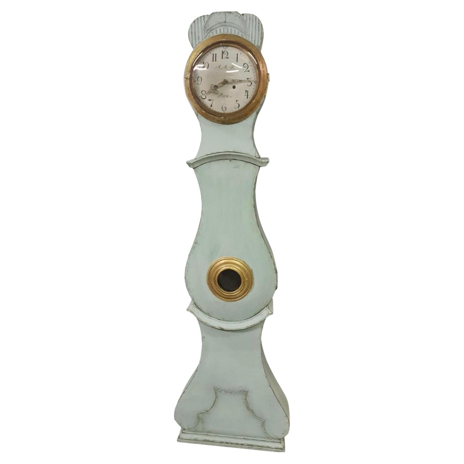 Swedish Mora Clock Pale Blue Gold Early 1800s Antique Country Influence A For Sale