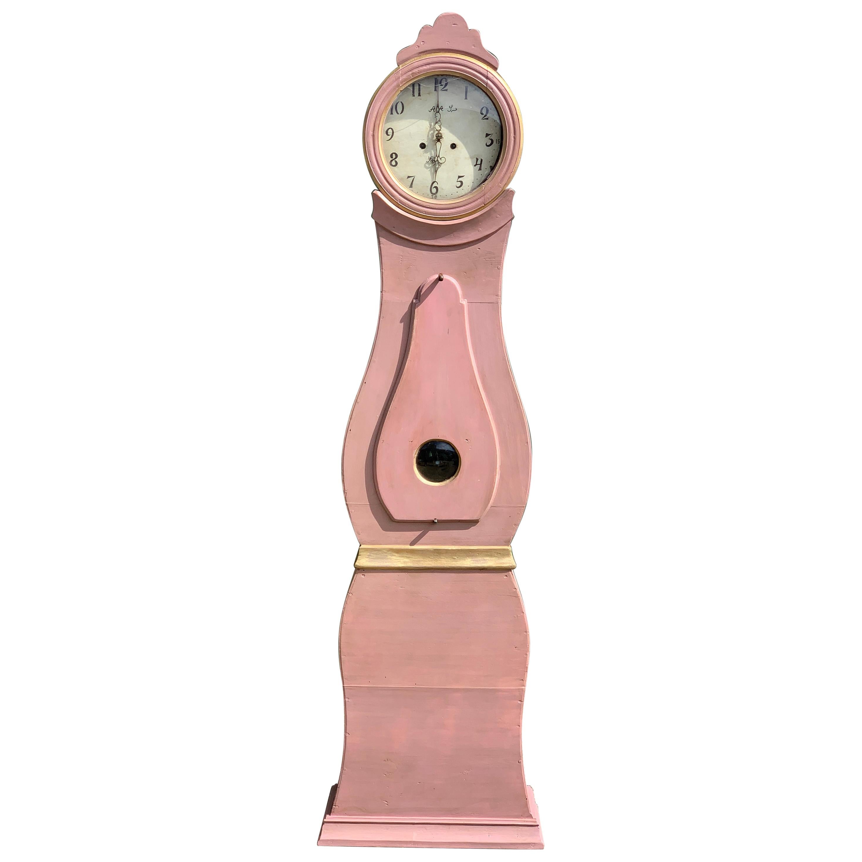 Swedish Mora Clock Salmon Pink Gold Early 1800s Antique Country Style