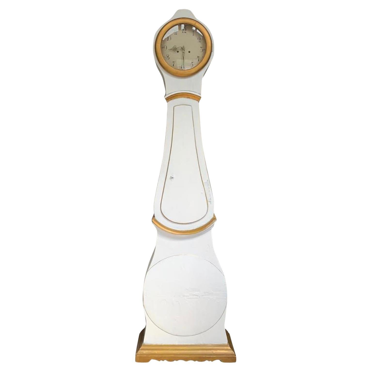 Swedish Mora Clock White Gold Carved Detail Early 1800 Round Base Gustavian A For Sale