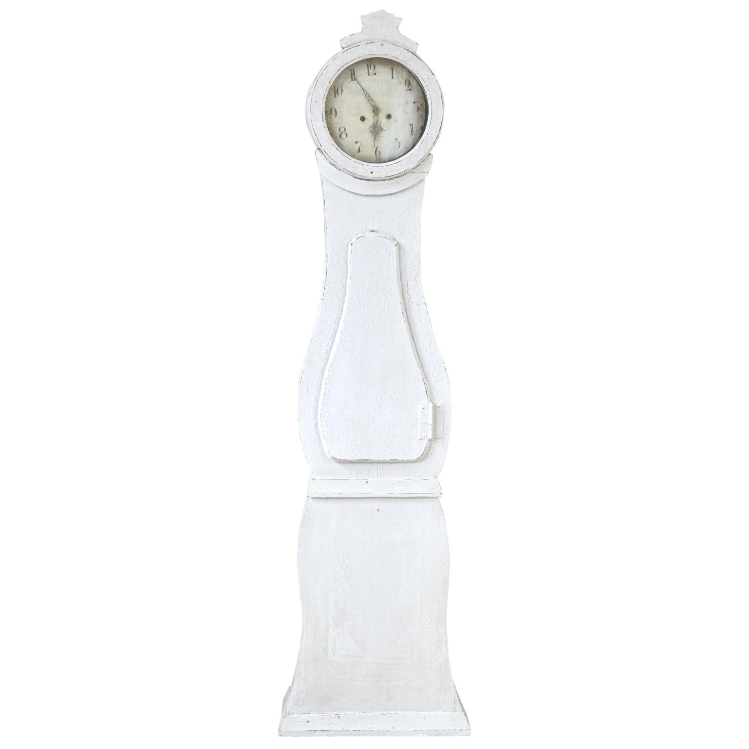 Swedish Mora Clock White Paint Early 1800s Carved Detail Hand Painted