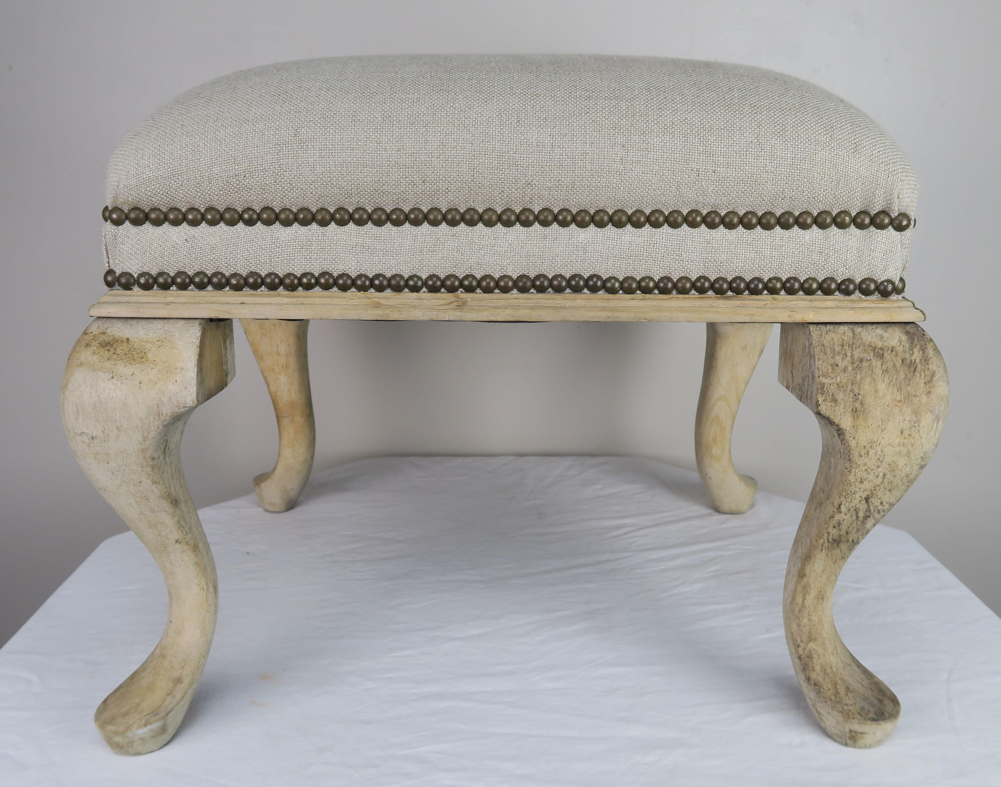 Gustavian Swedish Natural Wood Linen Upholstered Bench