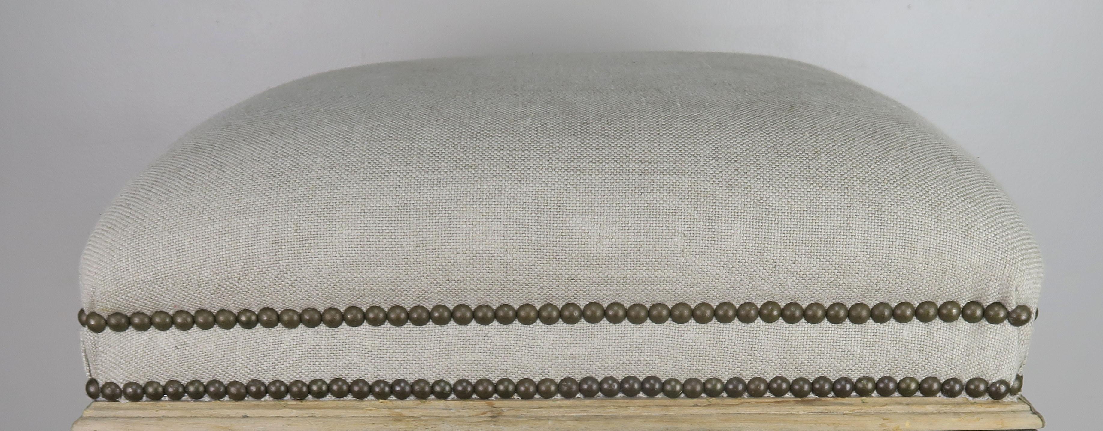 Bleached Swedish Natural Wood Linen Upholstered Bench