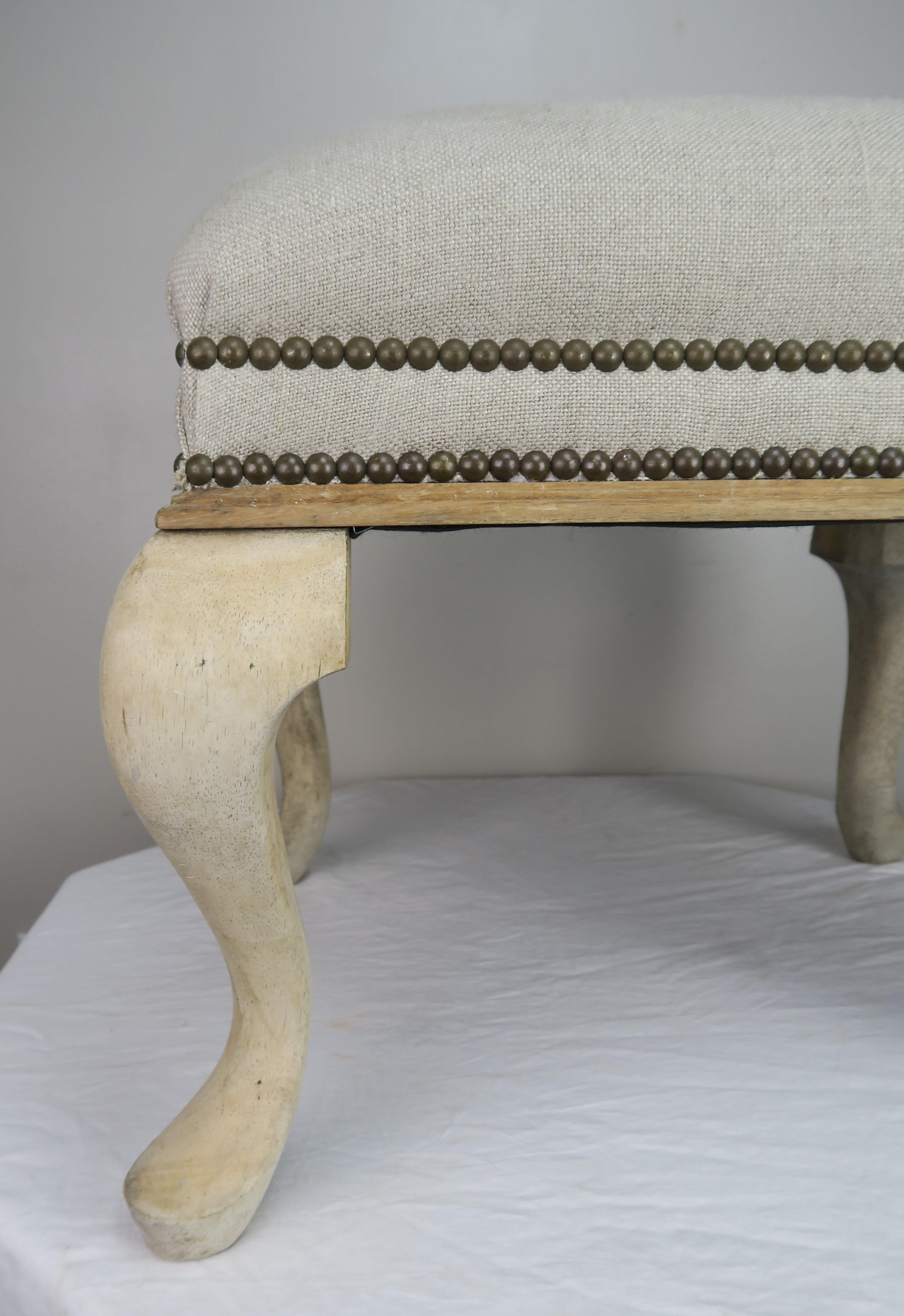 Swedish Natural Wood Linen Upholstered Bench In Distressed Condition In Los Angeles, CA