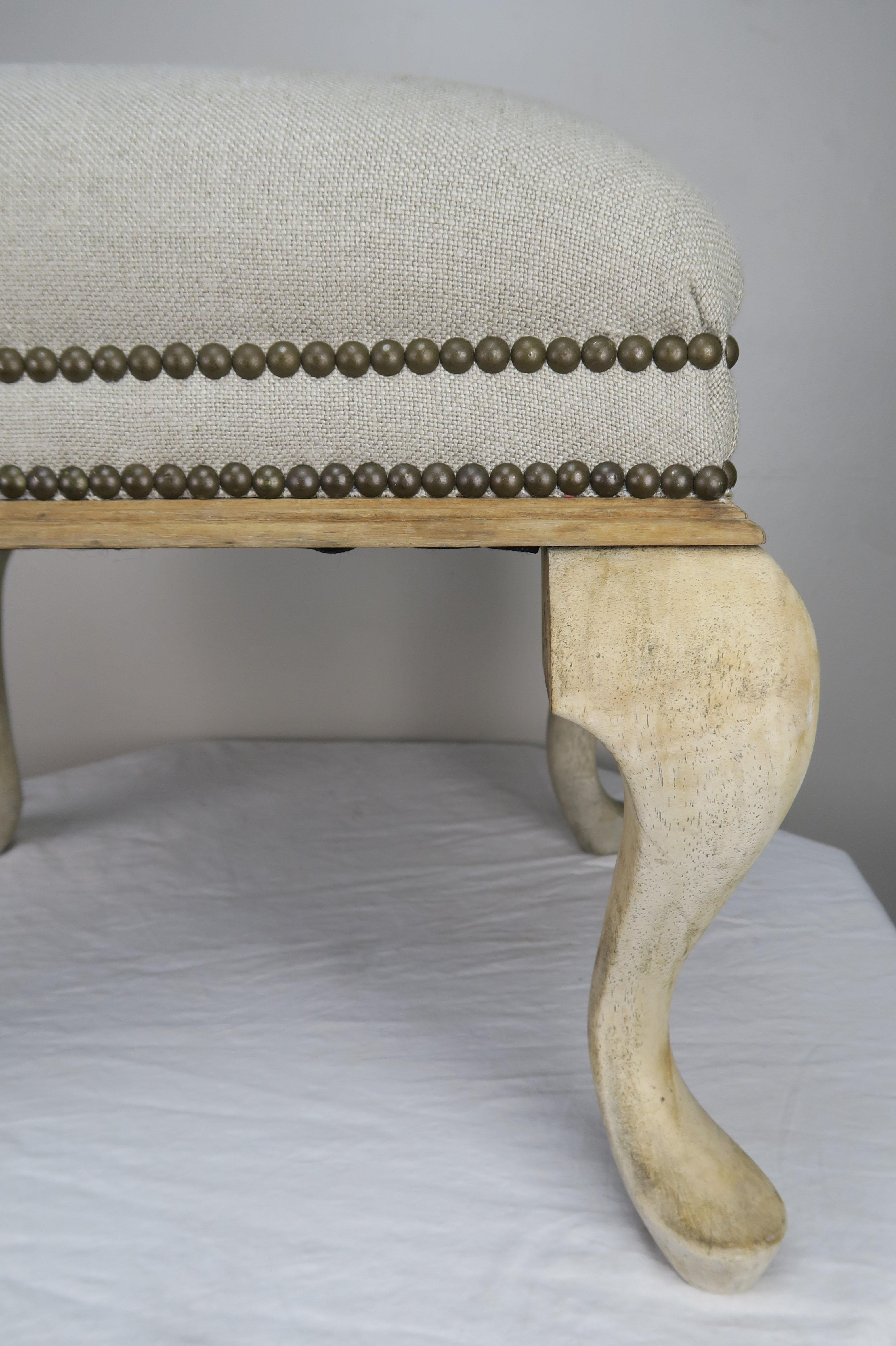Mid-20th Century Swedish Natural Wood Linen Upholstered Bench