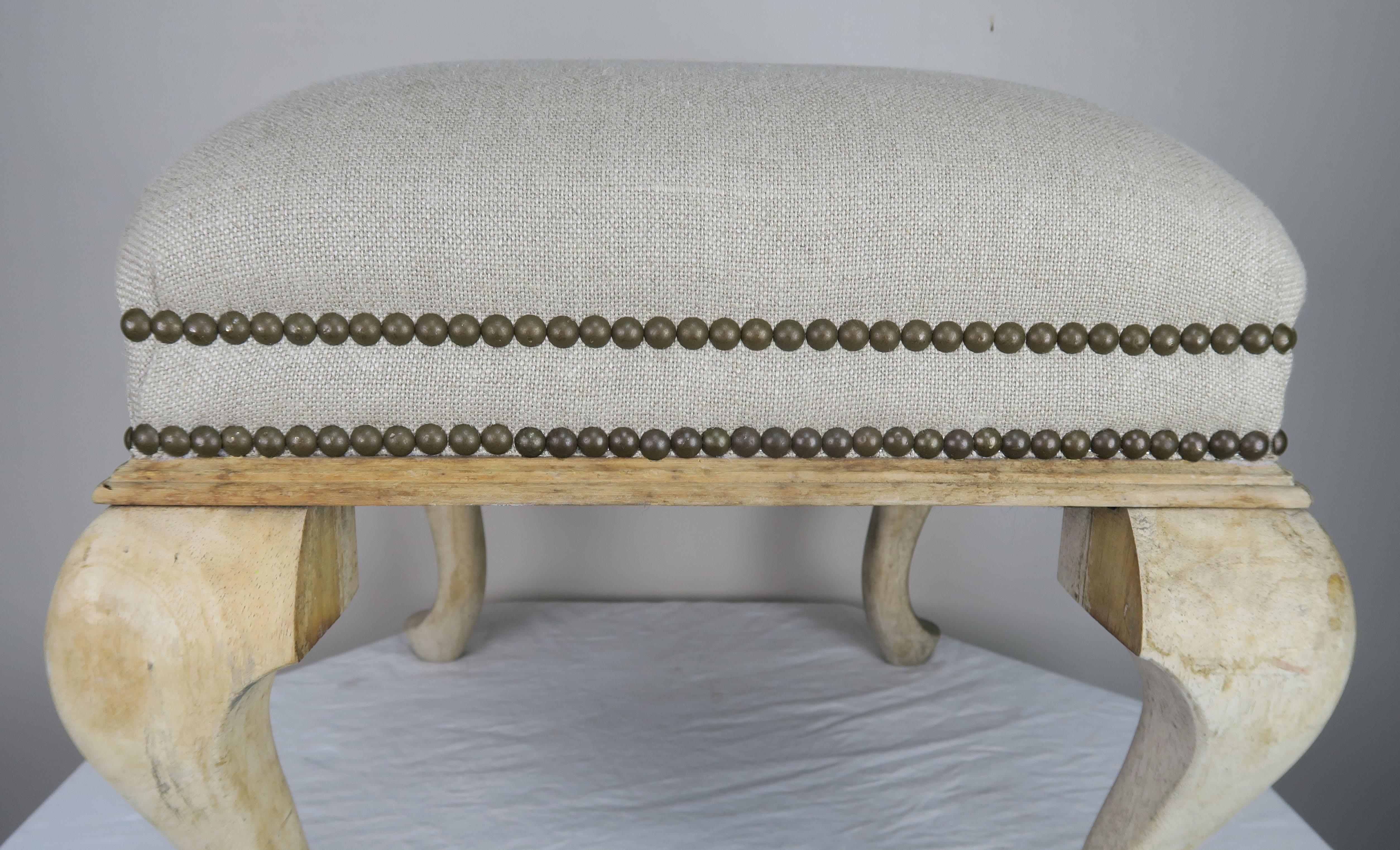 Swedish Natural Wood Linen Upholstered Bench 3
