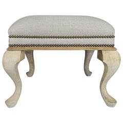 Vintage Swedish Natural Wood Linen Upholstered Bench