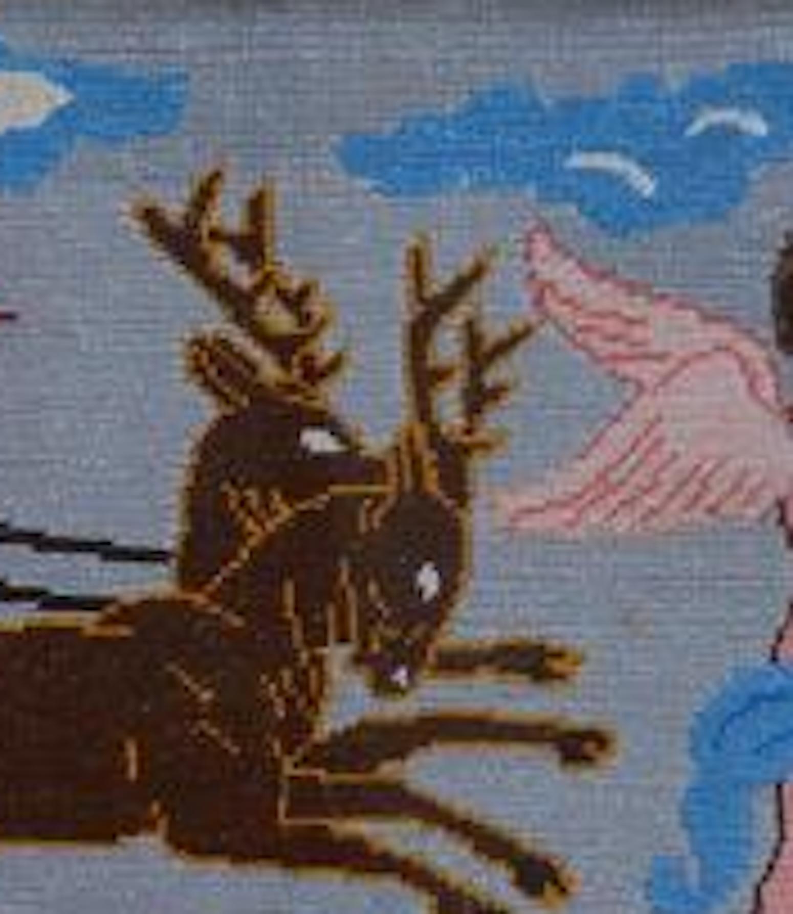 20th Century  Swedish Needlepoint Textile Showing Cherubs with a Chariot Pulled by Deer For Sale