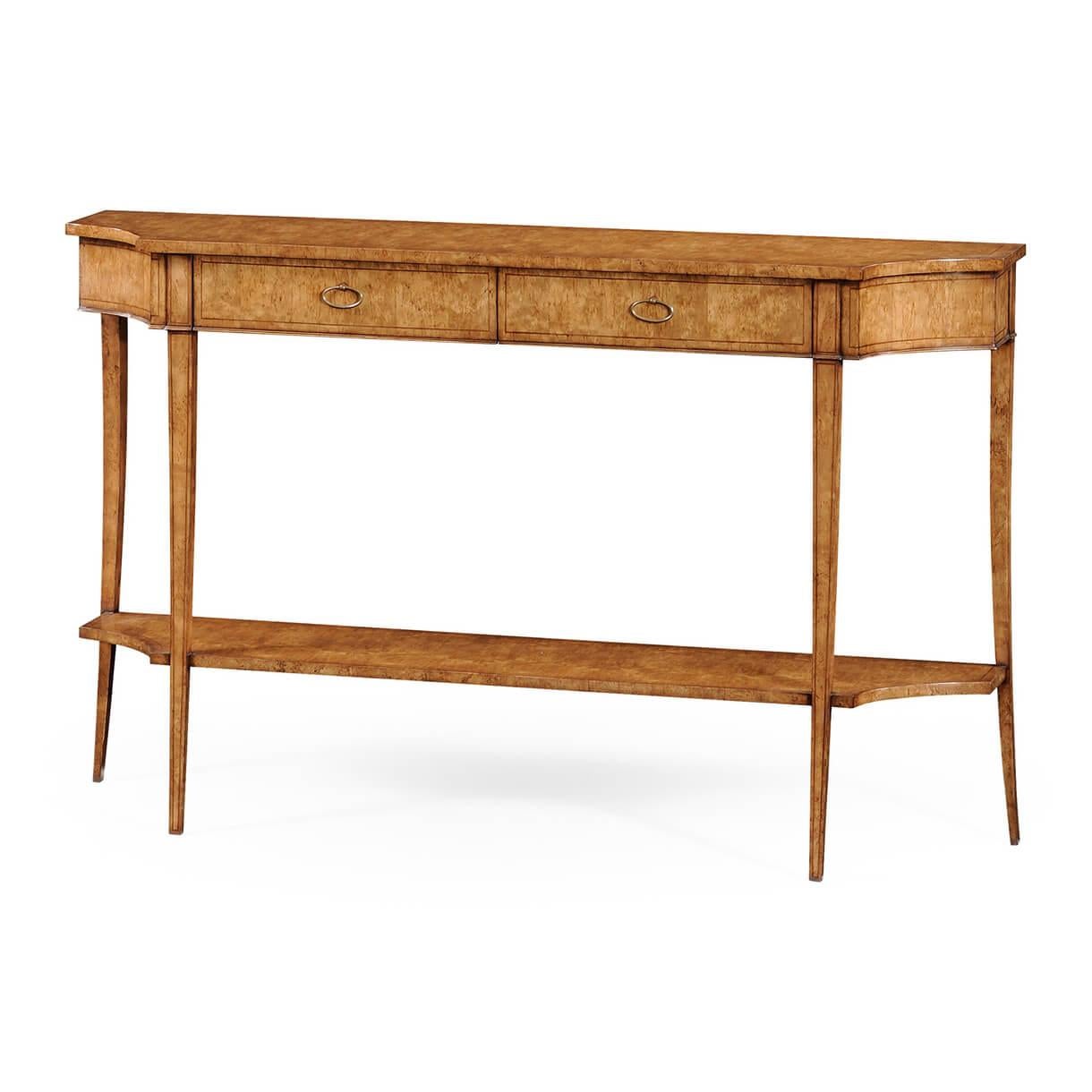 A Swedish neoclassic style birch veneered console table with incurved ends, a two-drawer frieze with squared sweeping and tapered legs, and a lower shelf stretcher base.

Dimensions: 58 7/8