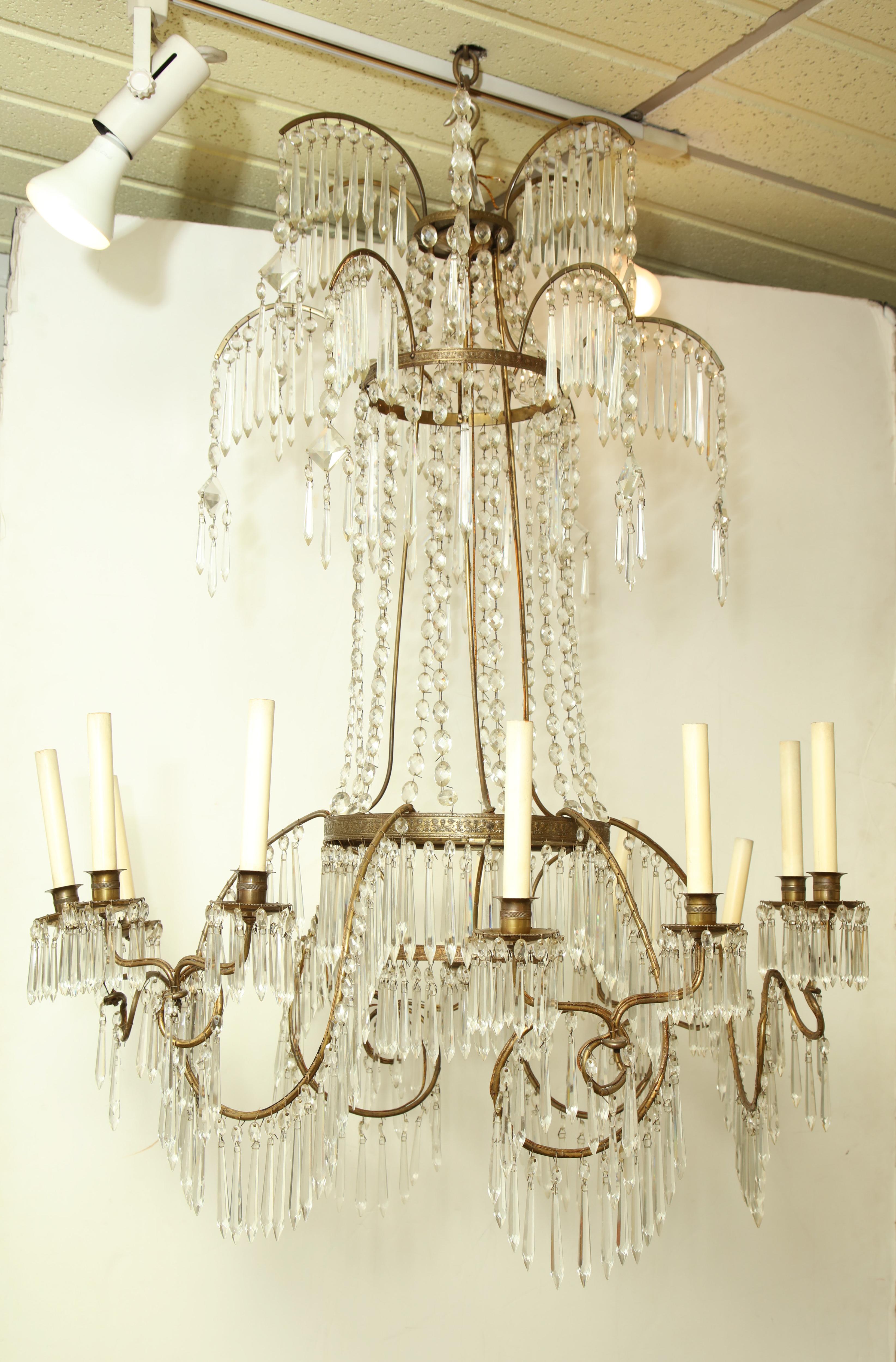 Swedish Neoclassic Bronze and Crystal Chandelier 9