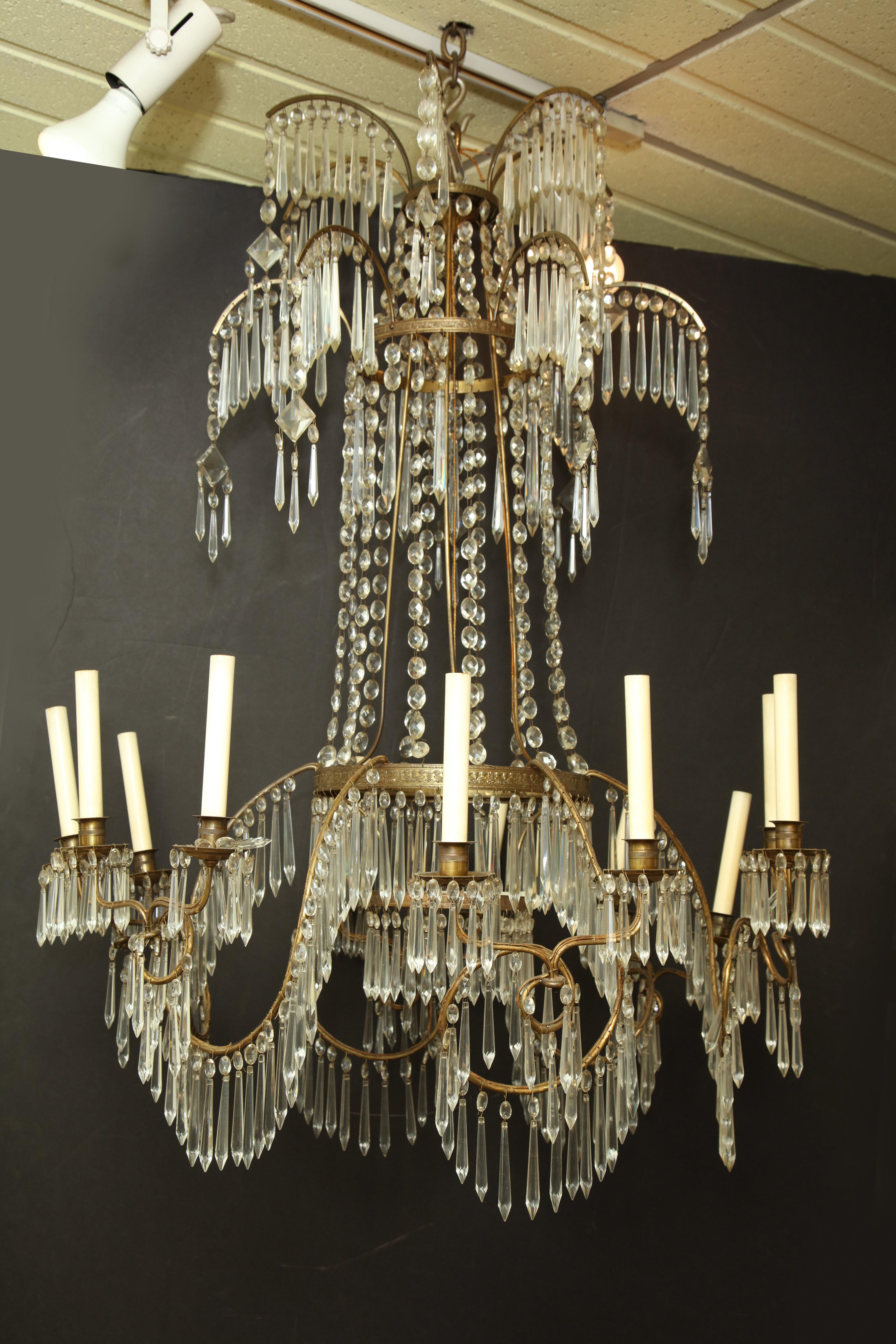 A fine Swedish neoclassic bronze and crystal eight-light chandelier.