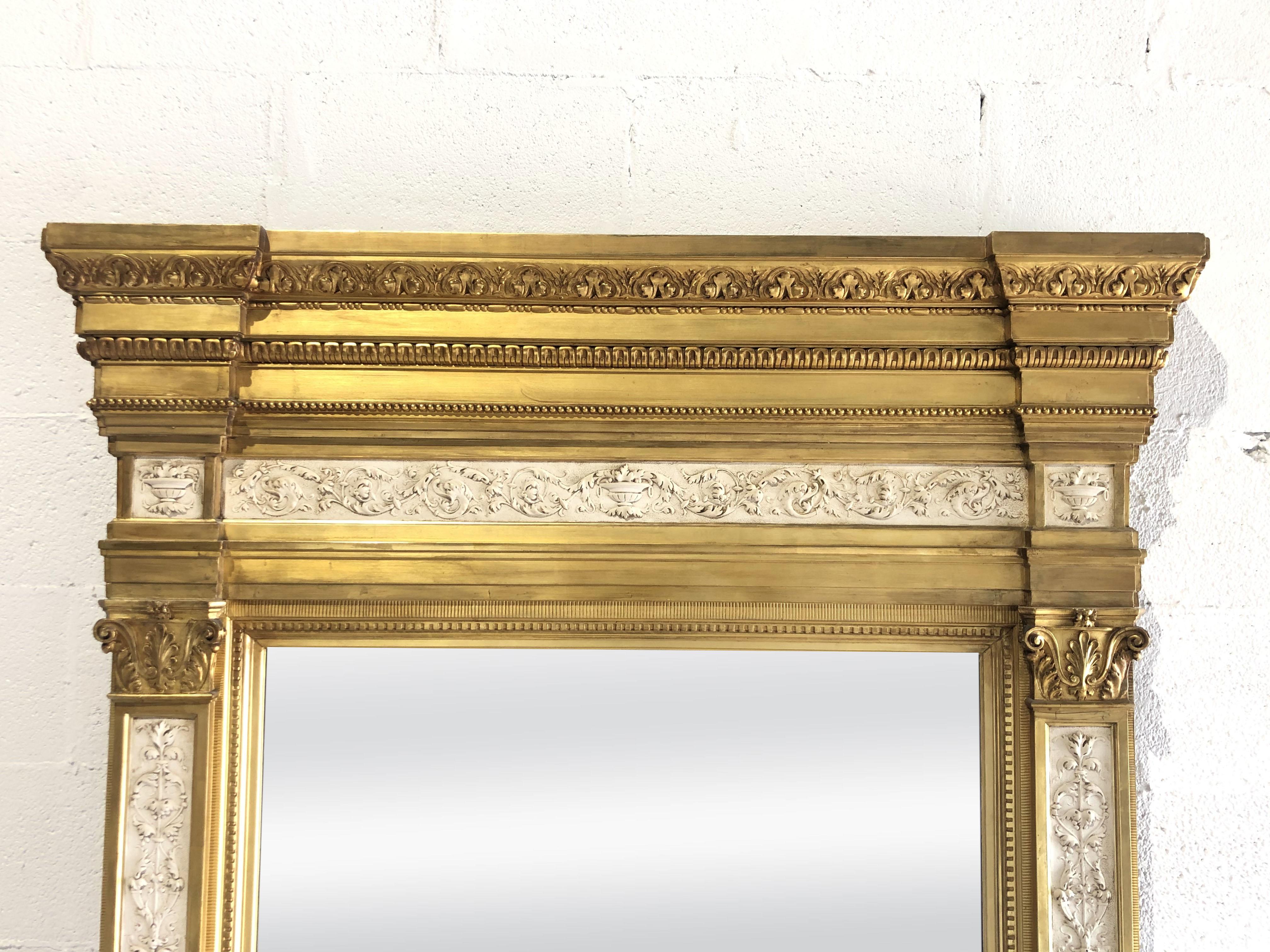 Swedish Neoclassic Monumental Cream Painted and Parcel-Gilt Pier Mirror In Good Condition For Sale In Hollywood, FL