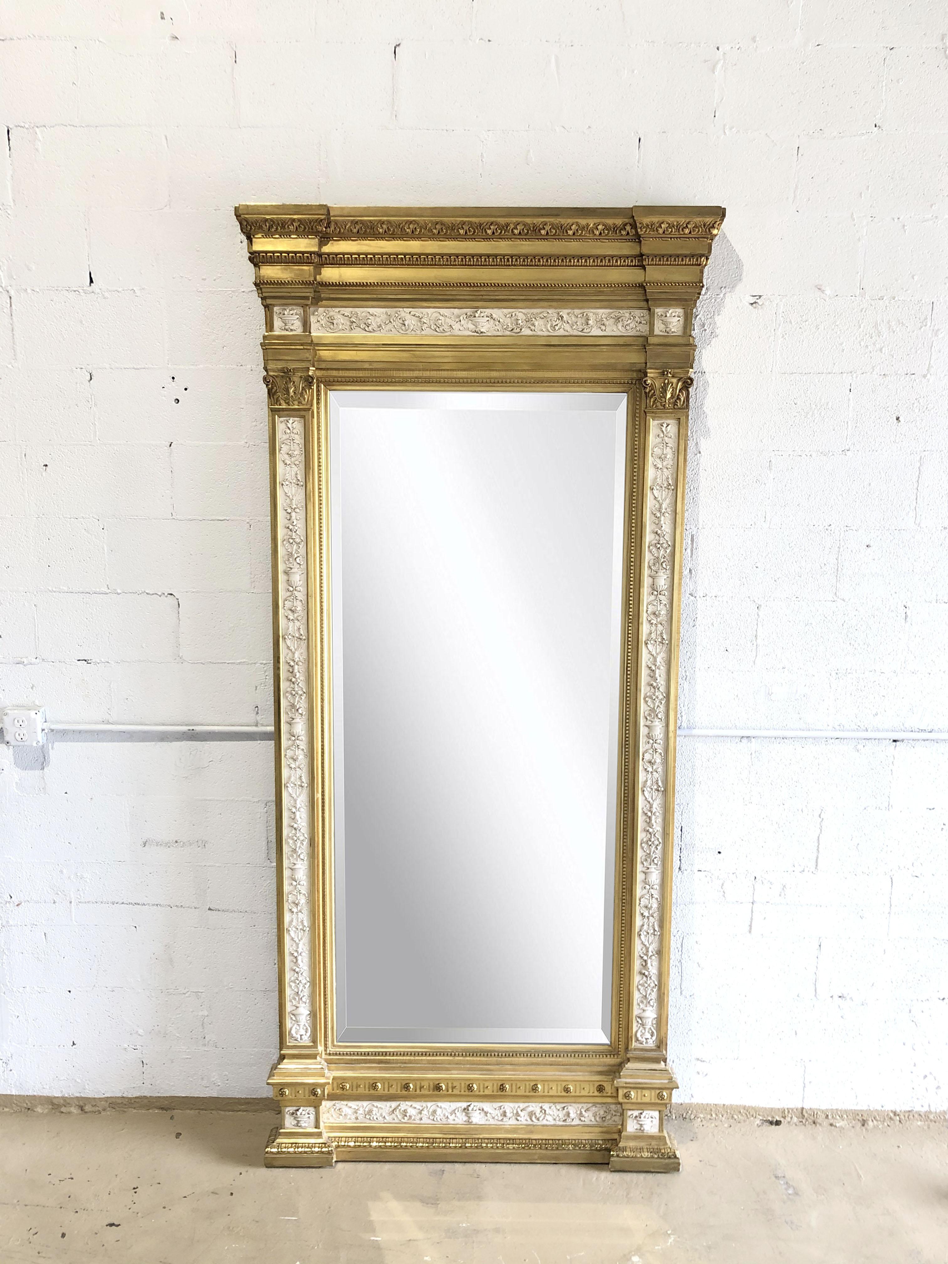 Wood Swedish Neoclassic Monumental Cream Painted and Parcel-Gilt Pier Mirror For Sale