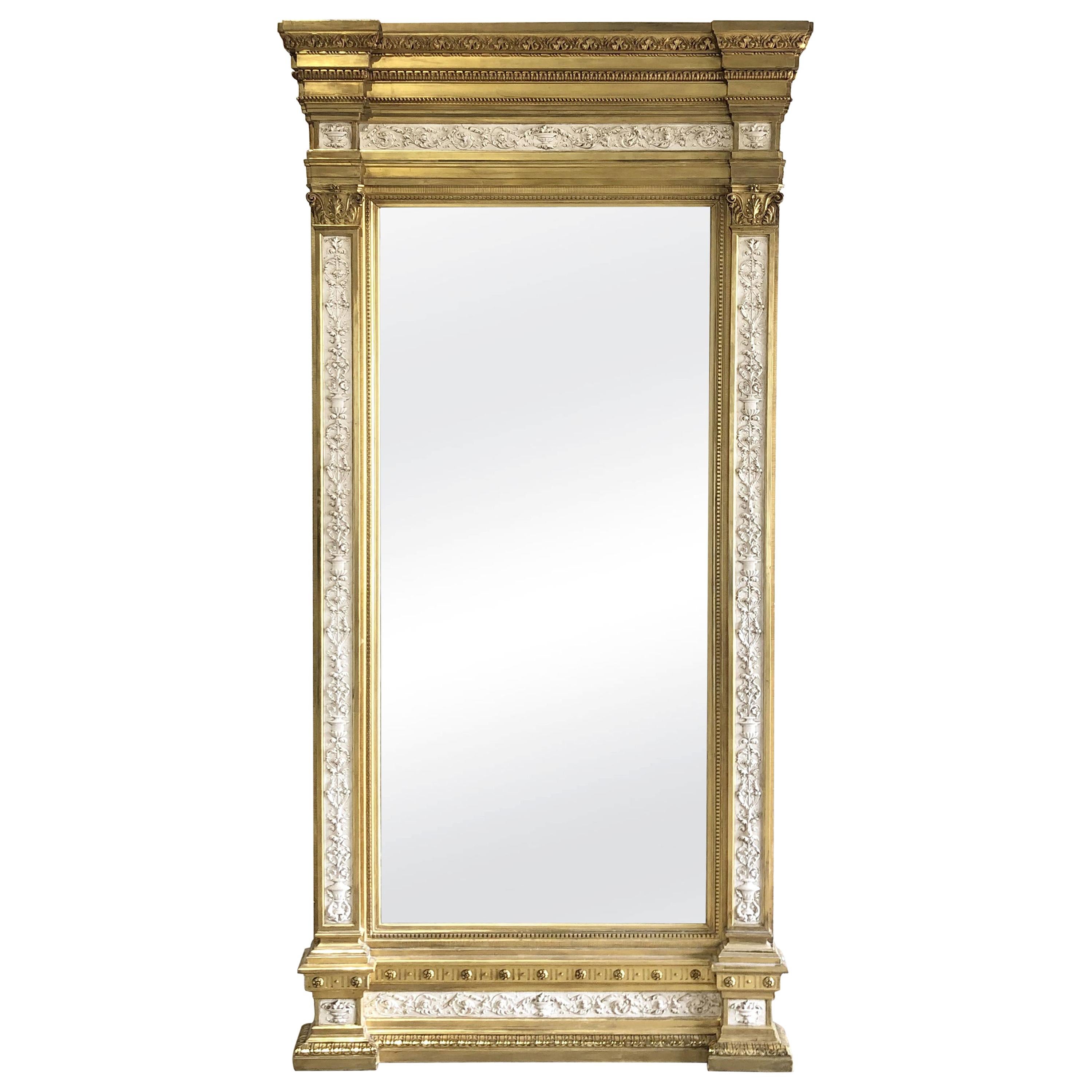 Swedish Neoclassic Monumental Cream Painted and Parcel-Gilt Pier Mirror