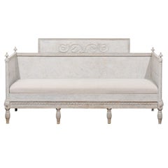 Antique Swedish Neoclassical 1800s Painted Wood Sofa with Scrollwork and Waterleaves