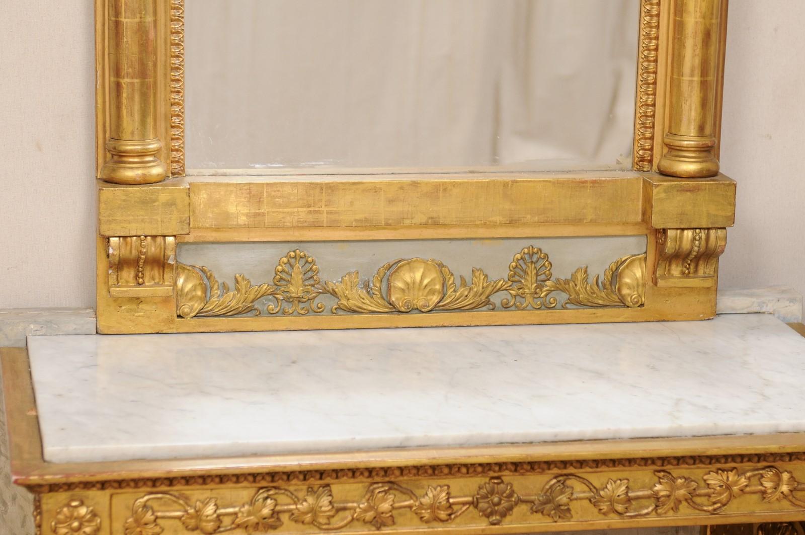 Marble Swedish Neoclassical Carved & Giltwood Console with Mirror by Johan Martin Berg For Sale