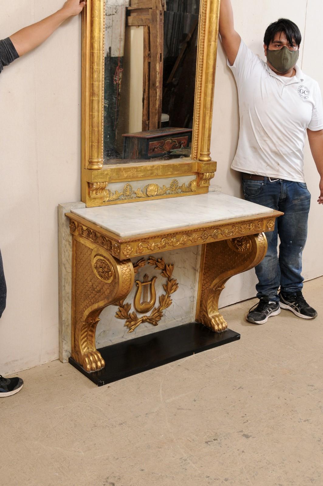 Console néoclassique suédoise en bois sculpté et doré avec miroir de Johan Martin Berg en vente 1