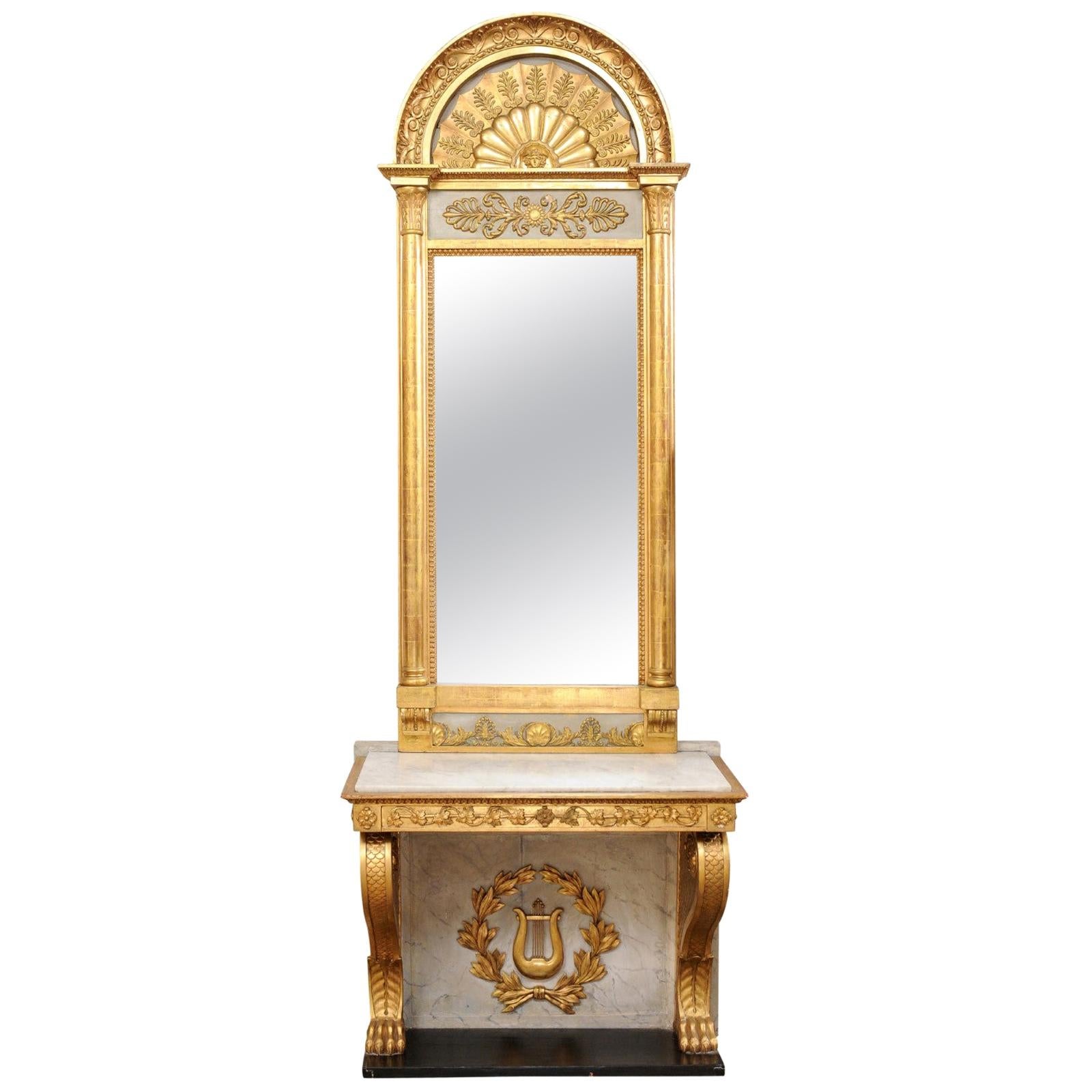 Console néoclassique suédoise en bois sculpté et doré avec miroir de Johan Martin Berg en vente