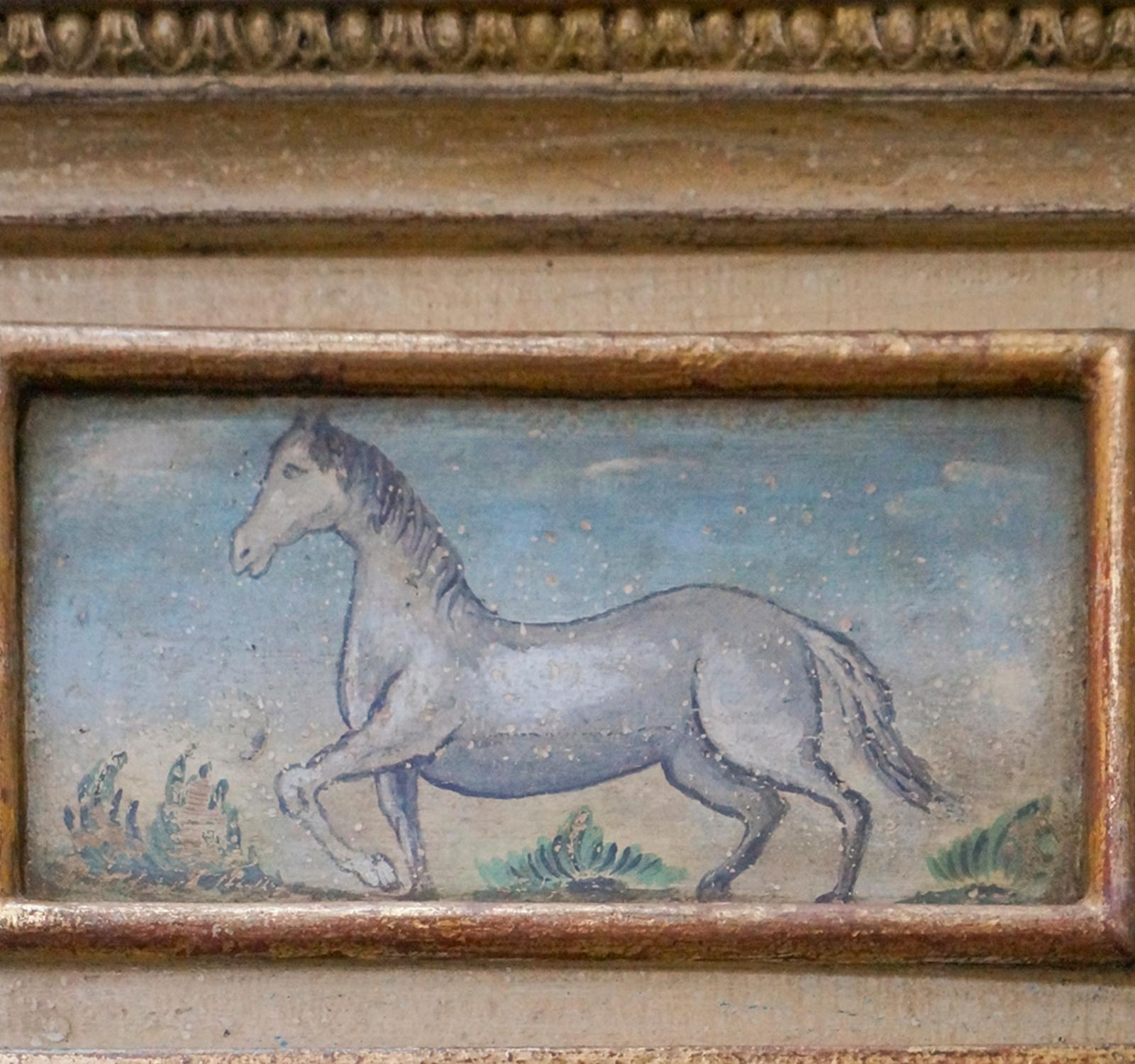 Hand-Carved Swedish Neoclassical Mirror with Painted Panel with Horse