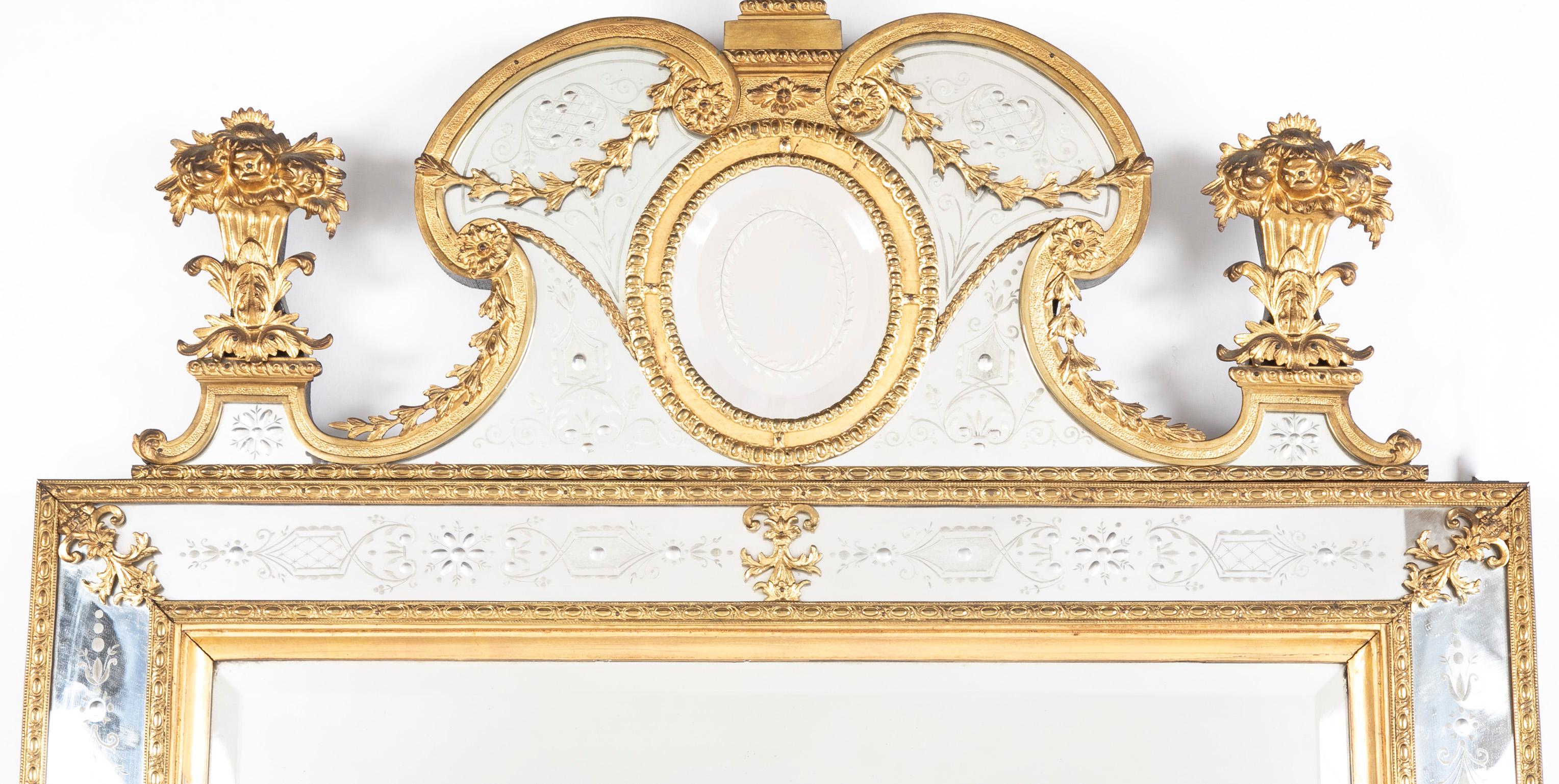 Bronze Swedish Neoclassical Ormolu and Etched Glass Mirror Designed by Burchard Precht For Sale