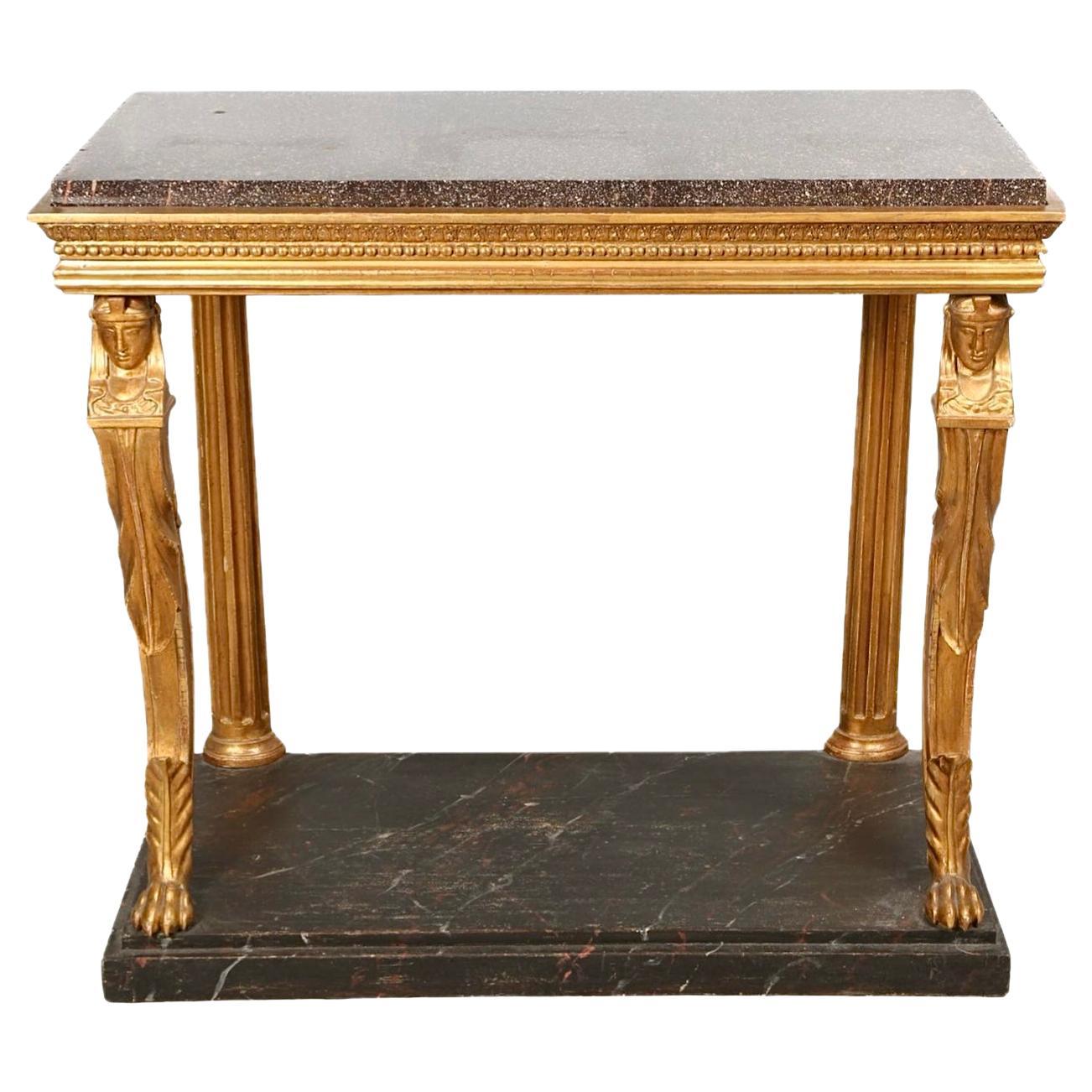 Table console néoclassique suédoise en bois doré avec plateau en porphyre, début du 19ème siècle en vente