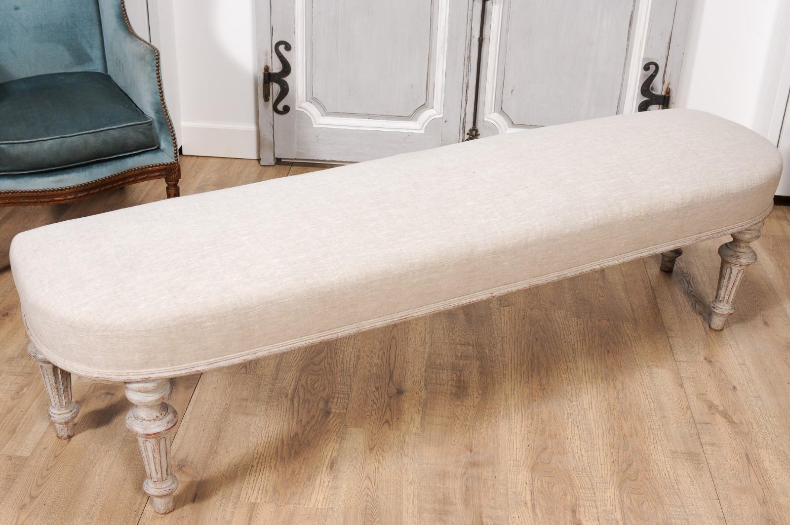 19th Century Swedish Neoclassical Style 1860s Painted Bench with Carved Fluted Legs For Sale