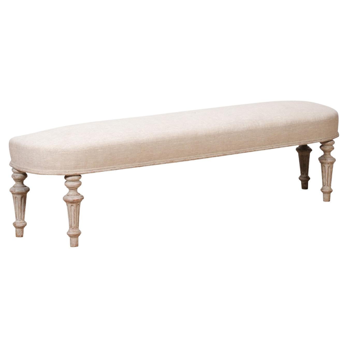 Swedish Neoclassical Style 1860s Painted Bench with Carved Fluted Legs For Sale