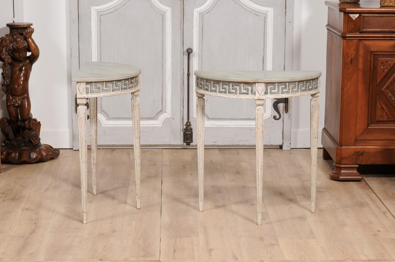 Swedish Neoclassical Style 19th Century Demilune Consoles with Greek Key, a Pair 2